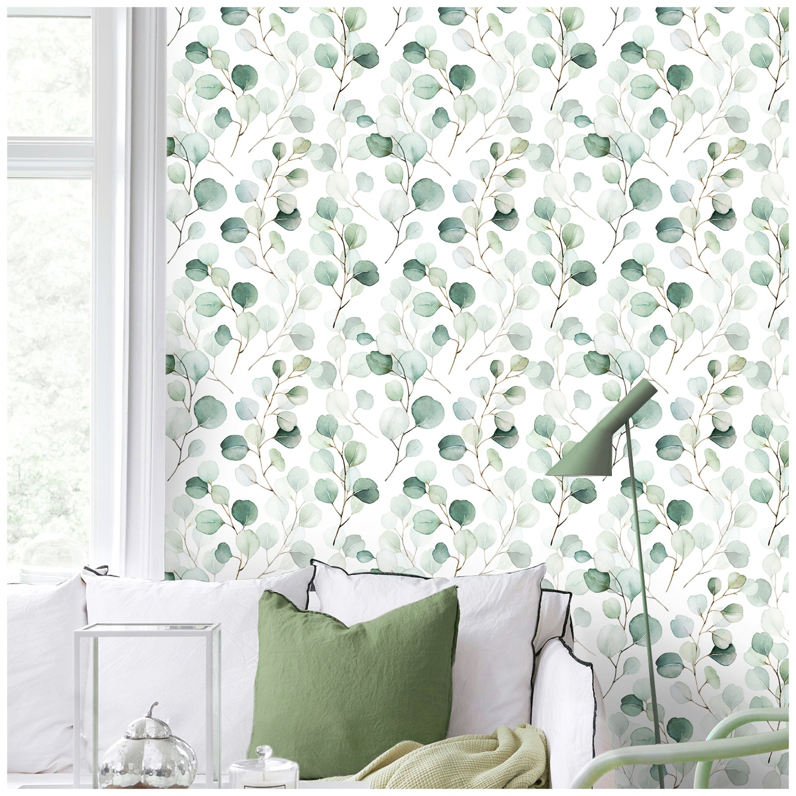 HAOKHOME 93044 Peel and Stick Wallpaper Boho Green/White Eucalyptus Leaf Wall Mural Home Nursery Bathroom Decor