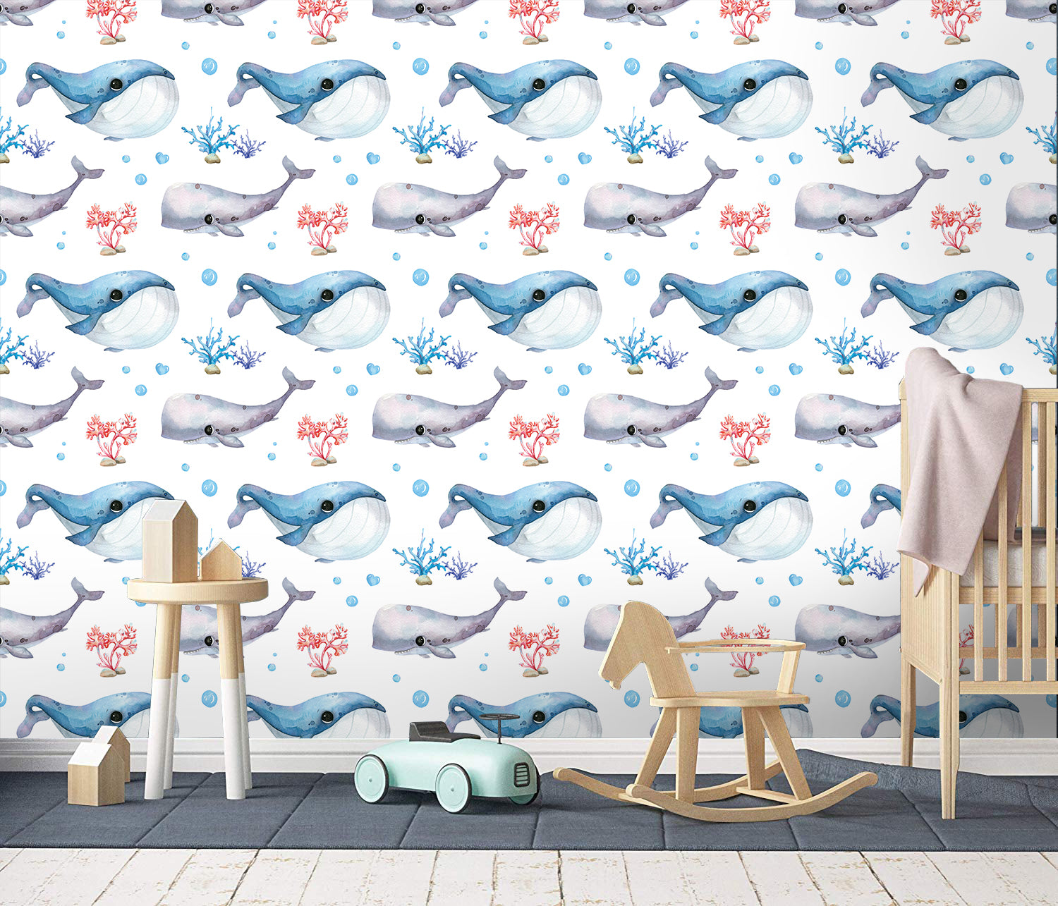 HaokHome 99025 Peel and Stick Wallpaper Cartoon Whale Navy White Removable Nursery Contact Paper Wallpaper for Kids Room