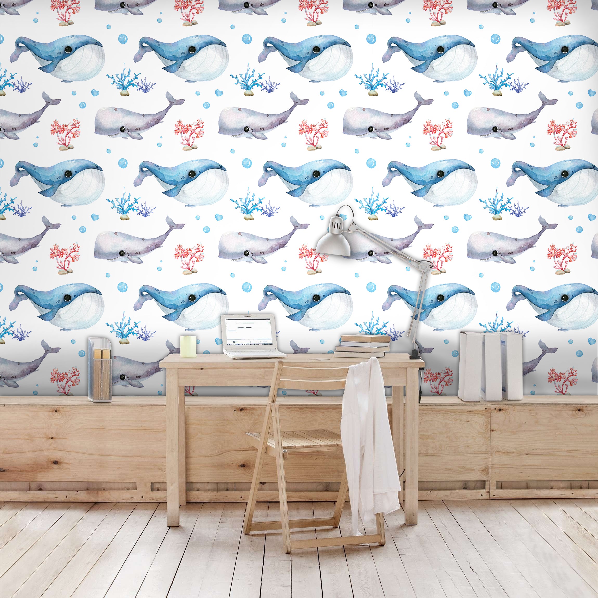 HaokHome 99025 Peel and Stick Wallpaper Cartoon Whale Navy White Removable Nursery Contact Paper Wallpaper for Kids Room