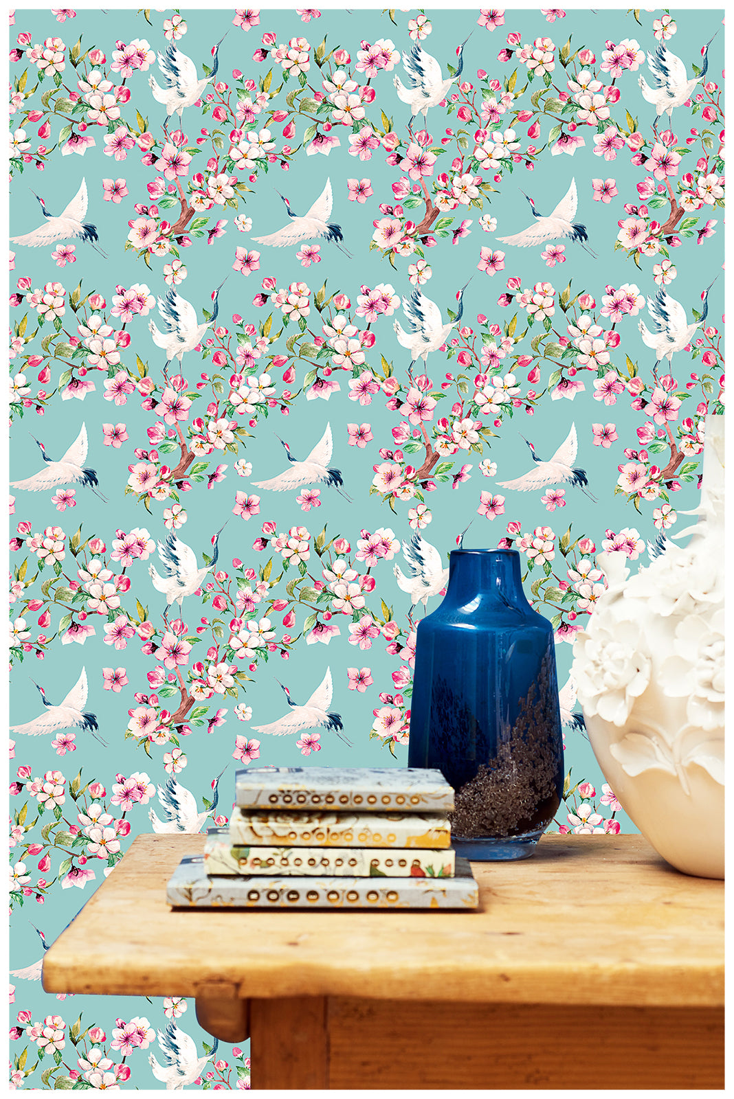 HaokHome 93073 Peel and Stick Wallpaper Cherry Blossom Floral Wallpaper Crane Birds Temporary Wallpaper for Walls