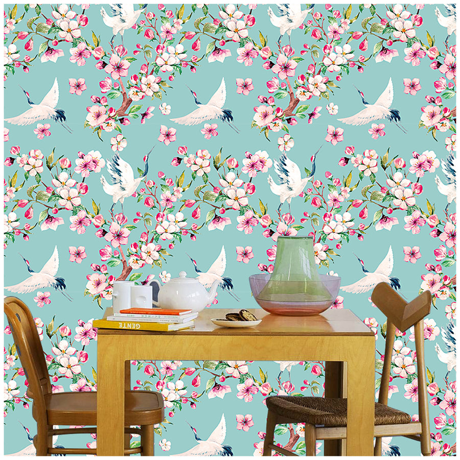 HaokHome 93073 Peel and Stick Wallpaper Cherry Blossom Floral Wallpaper Crane Birds Temporary Wallpaper for Walls