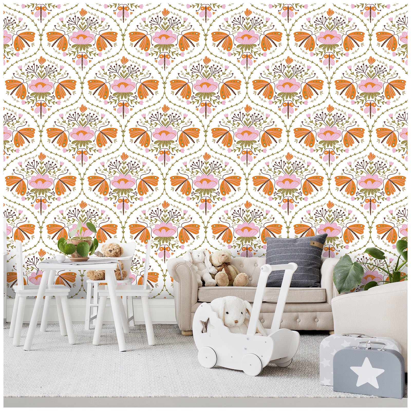 HaokHome 94012 Peel and Stick Wallpaper Damask Flower White Pink Orange Wall Paper for Living Room Bedroom Decor