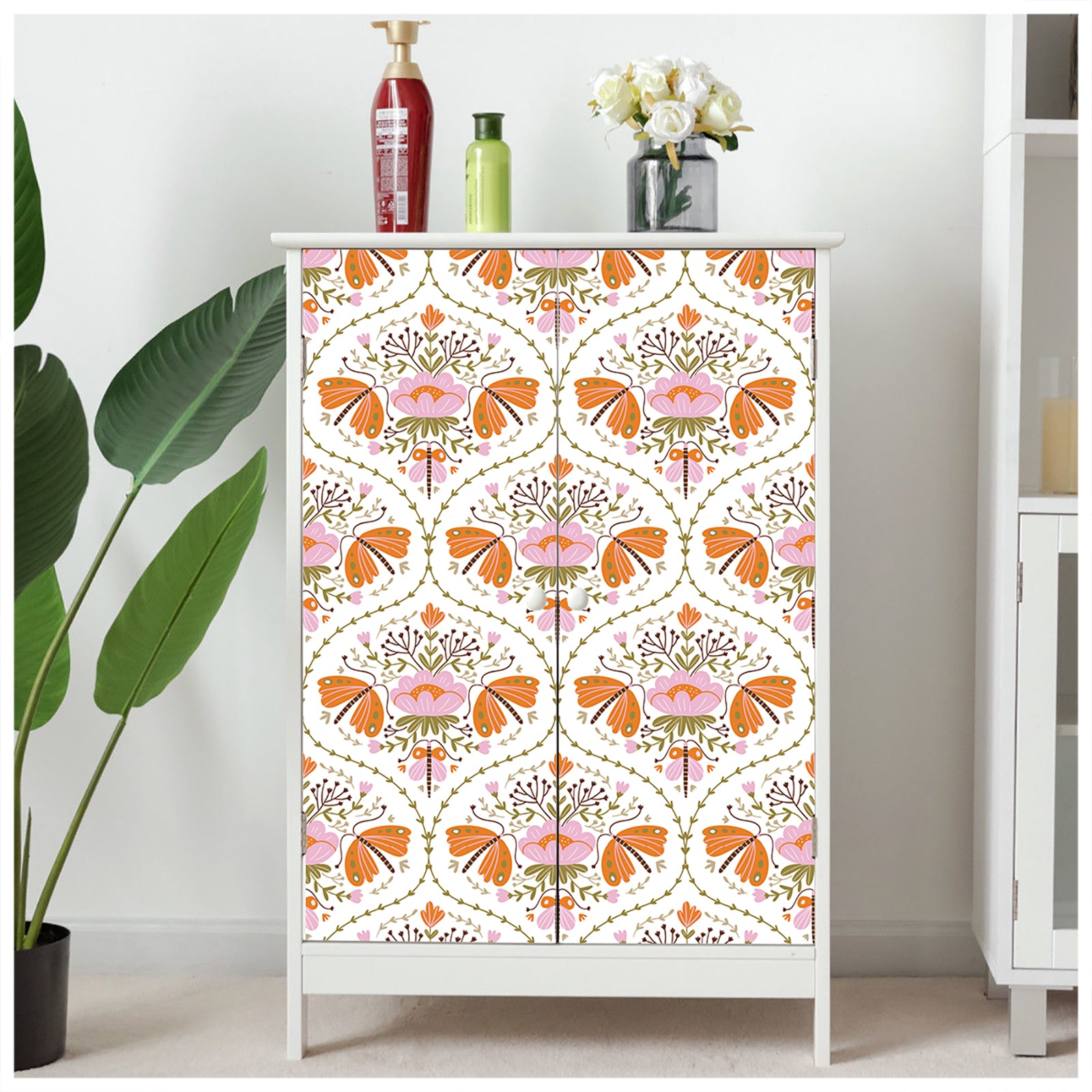 HaokHome 94012 Peel and Stick Wallpaper Damask Flower White Pink Orange Wall Paper for Living Room Bedroom Decor