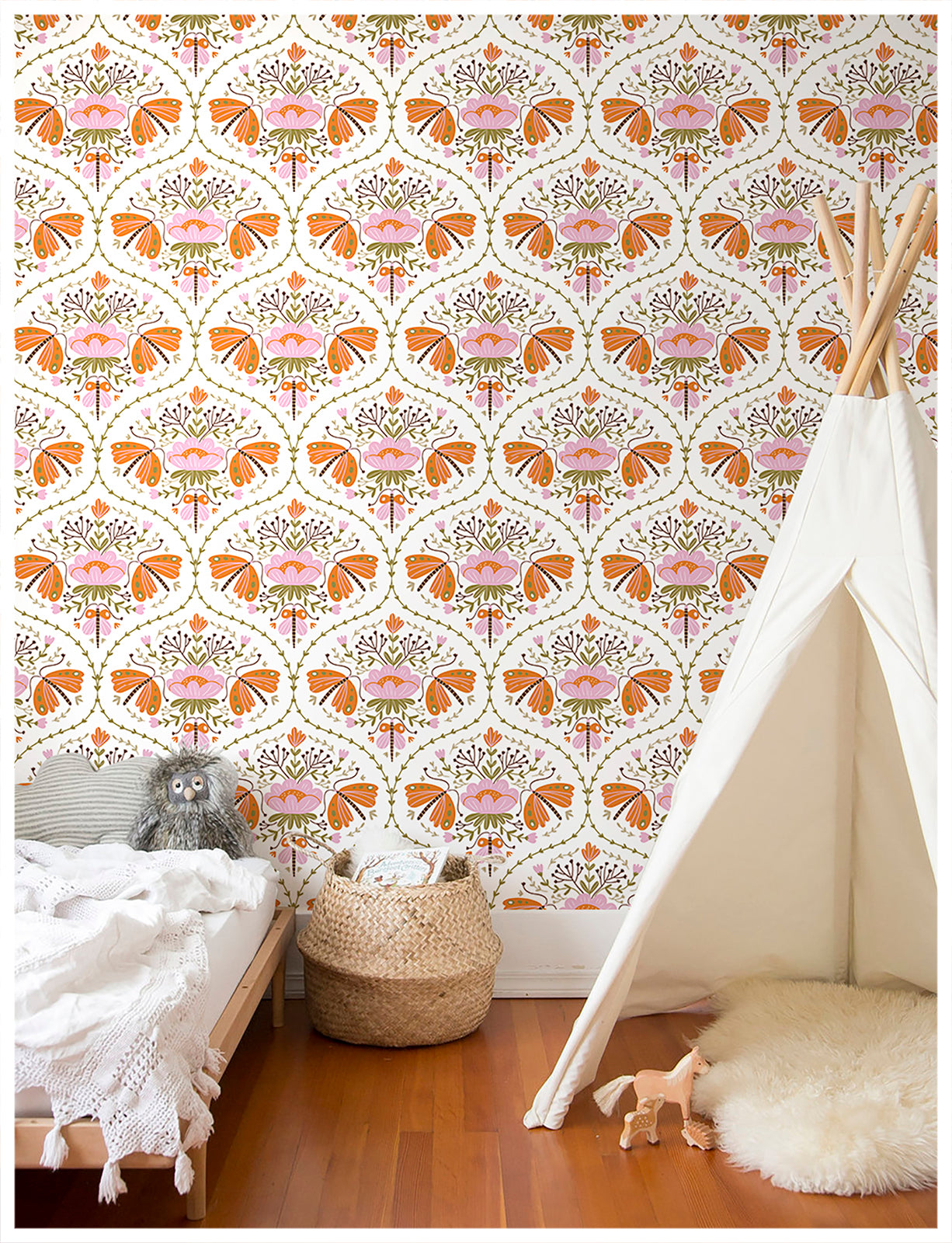 HaokHome 94012 Peel and Stick Wallpaper Damask Flower White Pink Orange Wall Paper for Living Room Bedroom Decor