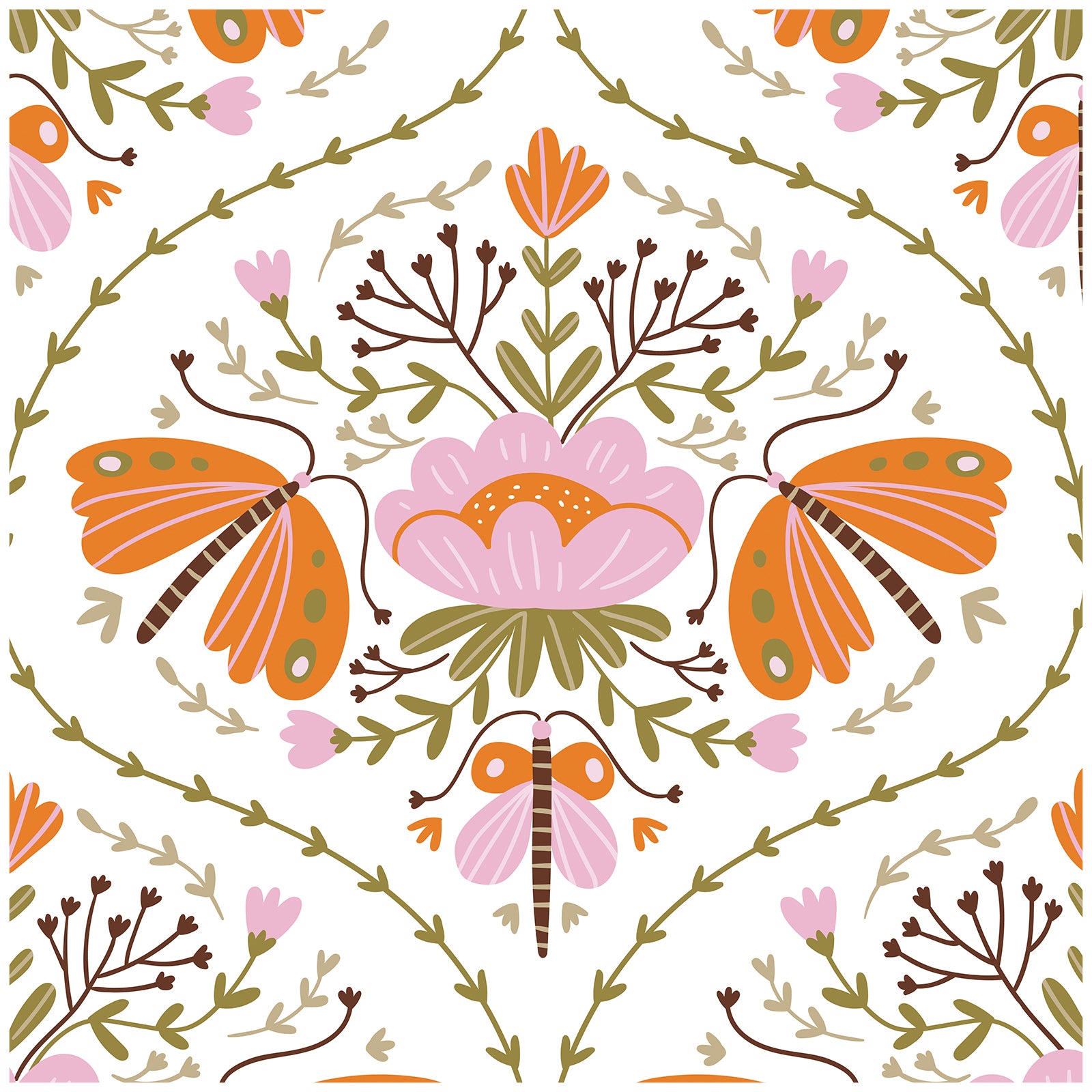 HaokHome 94012 Peel and Stick Wallpaper Damask Flower White Pink Orange Wall Paper for Living Room Bedroom Decor