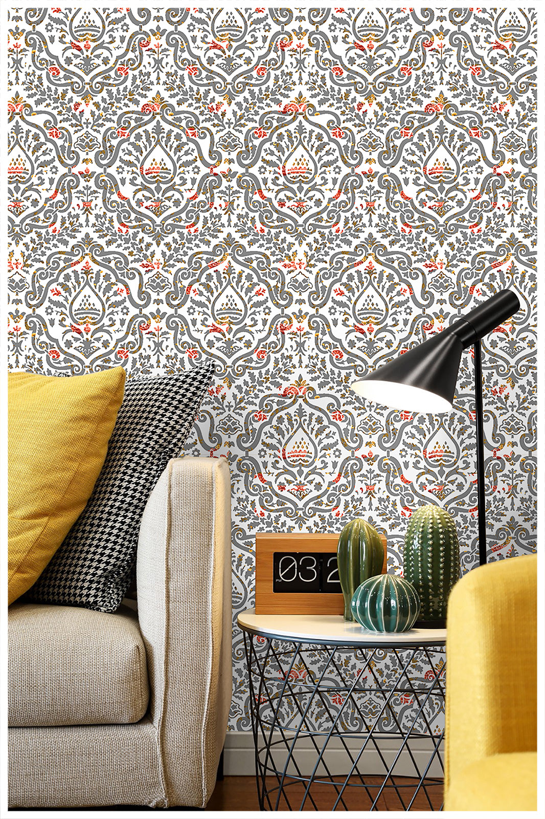 HaokHome 94011 Peel and Stick Wallpaper Damask Stick on Removable Wallpaper Vintage Grey / Red