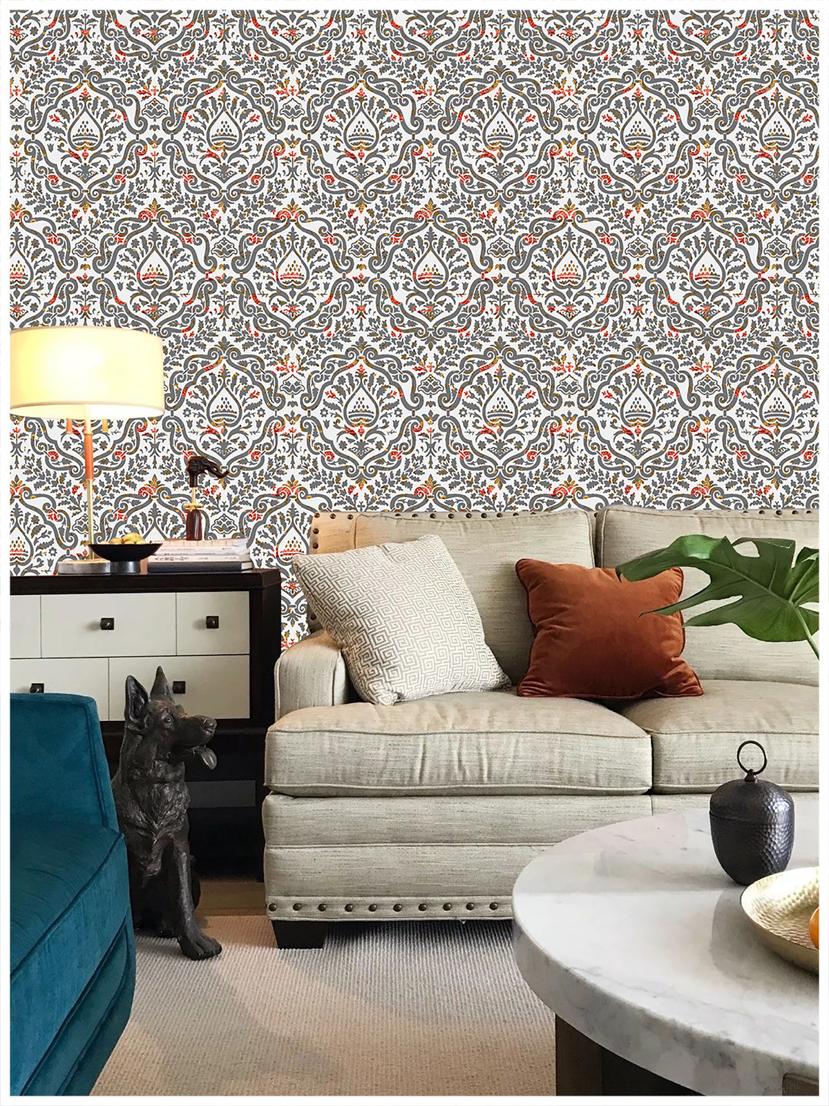 HaokHome 94011 Peel and Stick Wallpaper Damask Stick on Removable Wallpaper Vintage Grey / Red