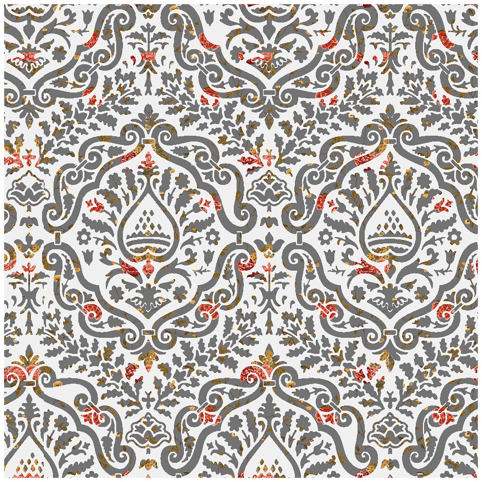 HaokHome 94011 Peel and Stick Wallpaper Damask Stick on Removable Wallpaper Vintage Grey / Red