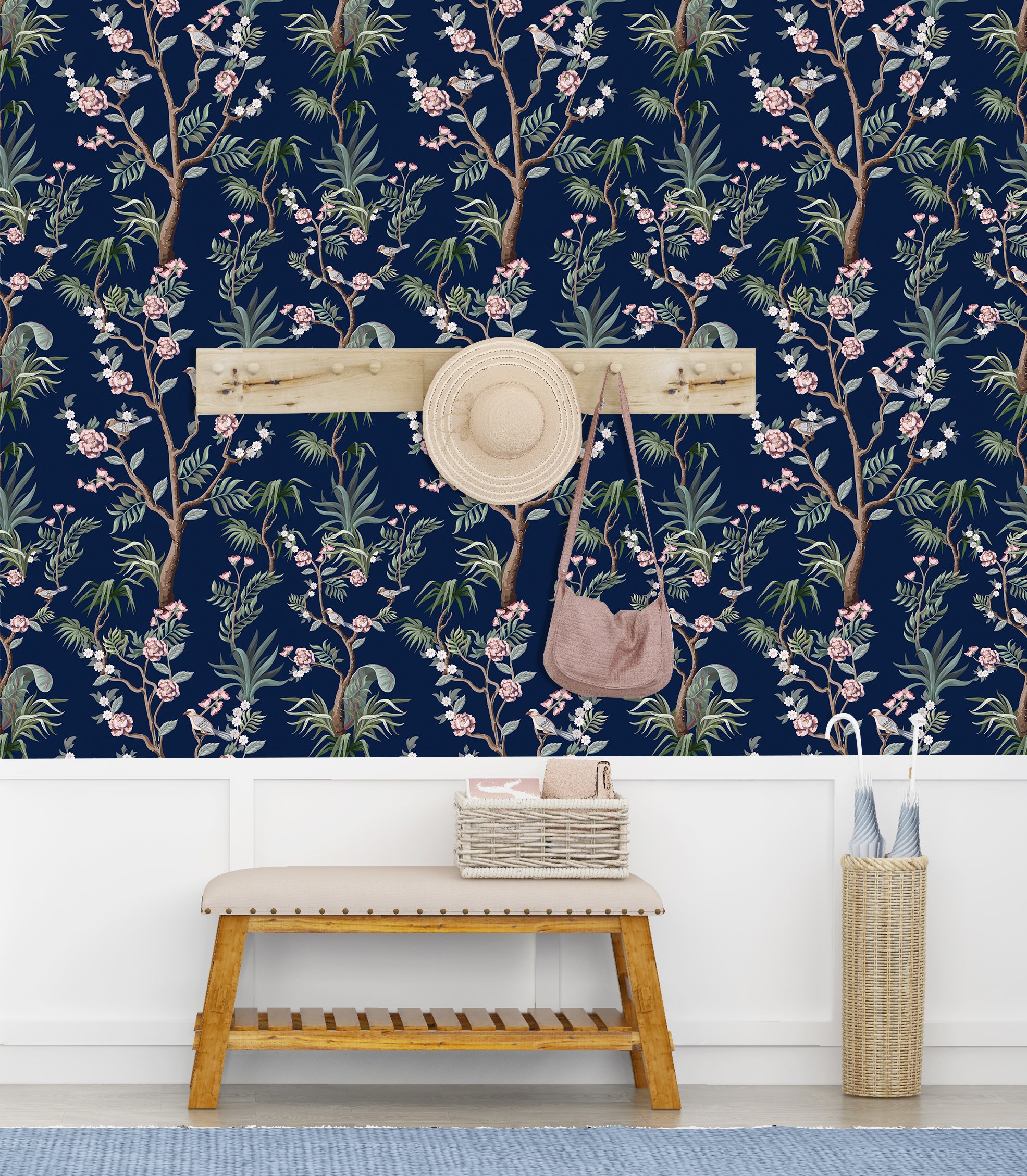 HAOKHOME 93094 Peel and Stick Wallpaper Floral Forest Navy/Green/Pink Removable Bedroom Wall Decorations