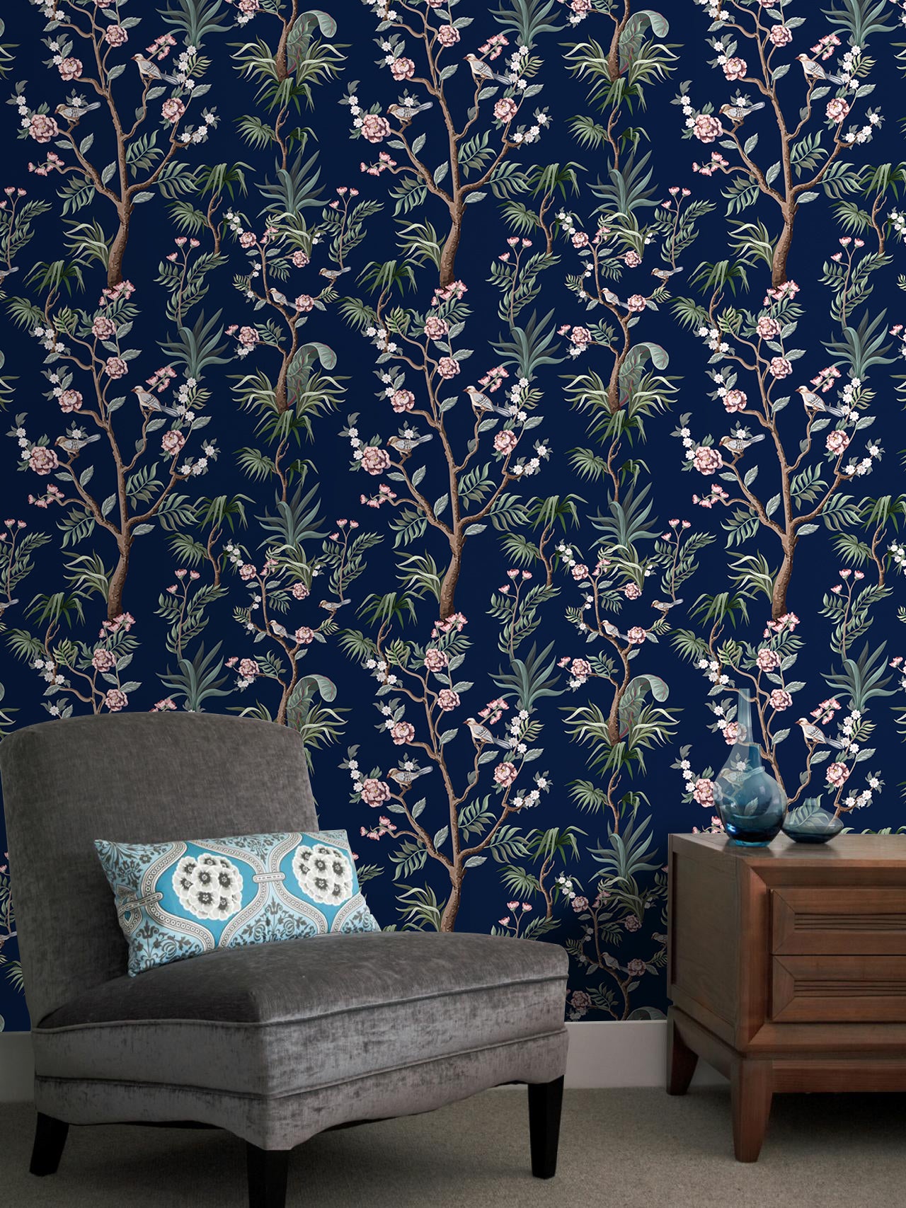 HAOKHOME 93094 Peel and Stick Wallpaper Floral Forest Navy/Green/Pink Removable Bedroom Wall Decorations