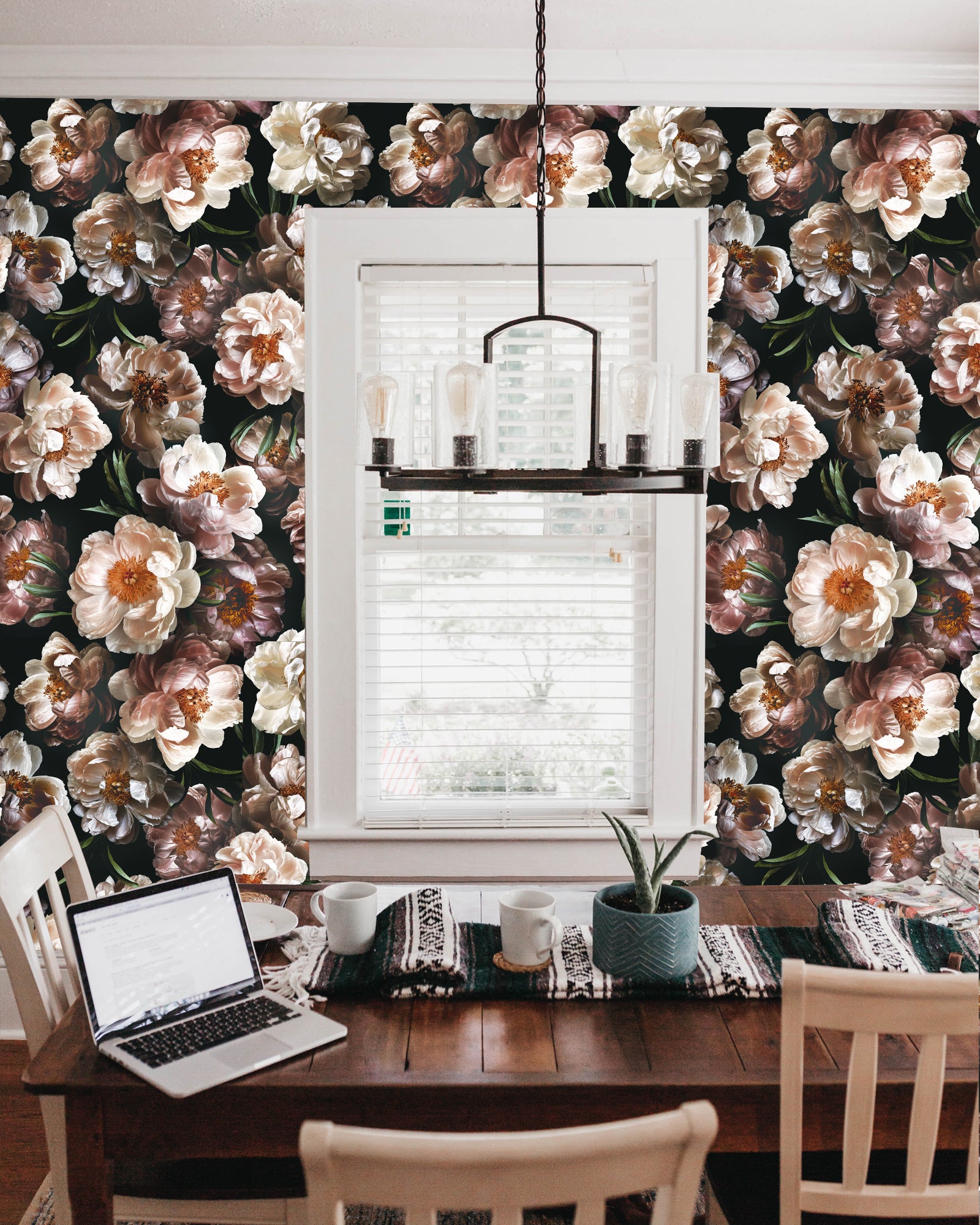 HaokHome 93278 Peel and Stick Wallpaper Floral Peony Black Pink Stick on Wallpaper Murals