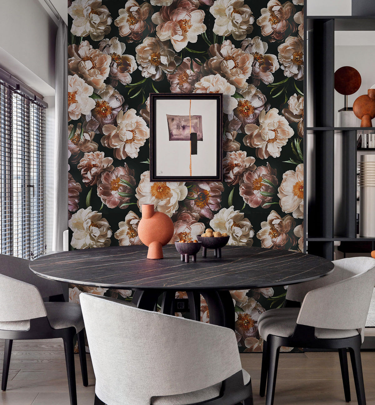HaokHome 93278 Peel and Stick Wallpaper Floral Peony Black Pink Stick on Wallpaper Murals