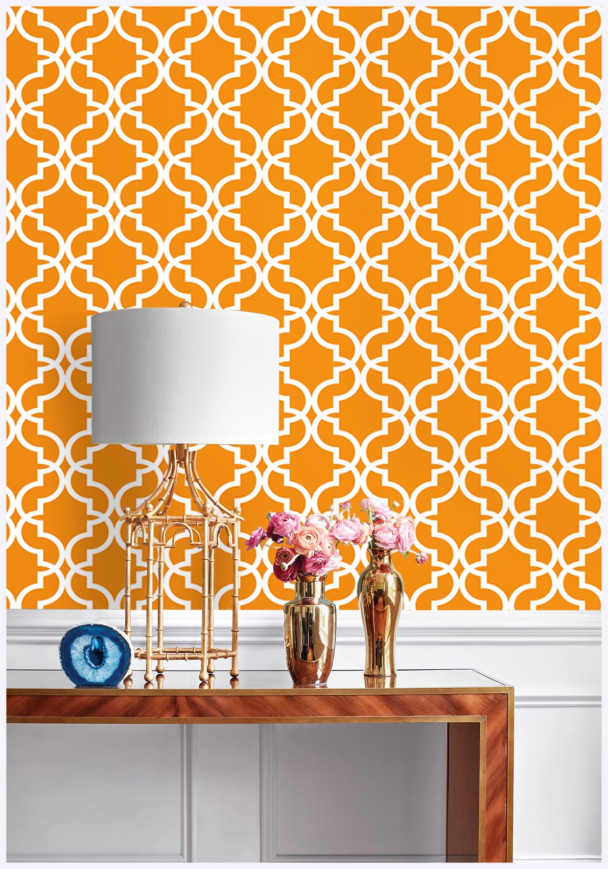 HaokHome 96027-2 Peel and Stick Wallpaper Orange Trellis Geometric Self Adhesive Removable Contact Paper Wall Mural