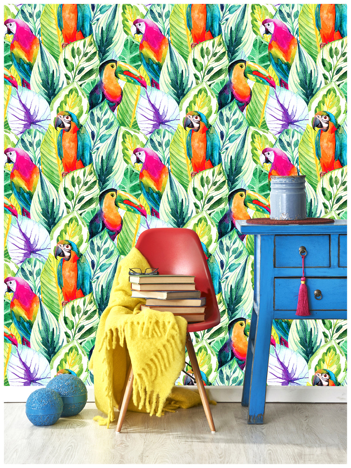 Peel and Stick Wallpaper Rainforest Parrot Palm Leaves Green Removable Wallpaper Rolls for Accent Wall Decor