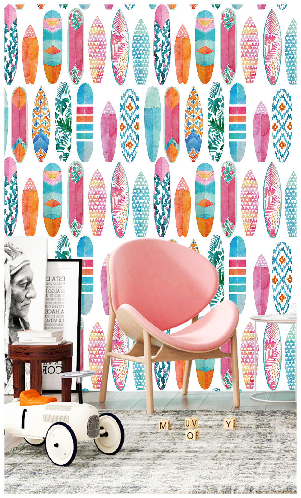 Peel and Stick Wallpaper Surfboard Colorful Trellis Mural Removable Contact Paper, Fun Patterned Modern Wallpaper