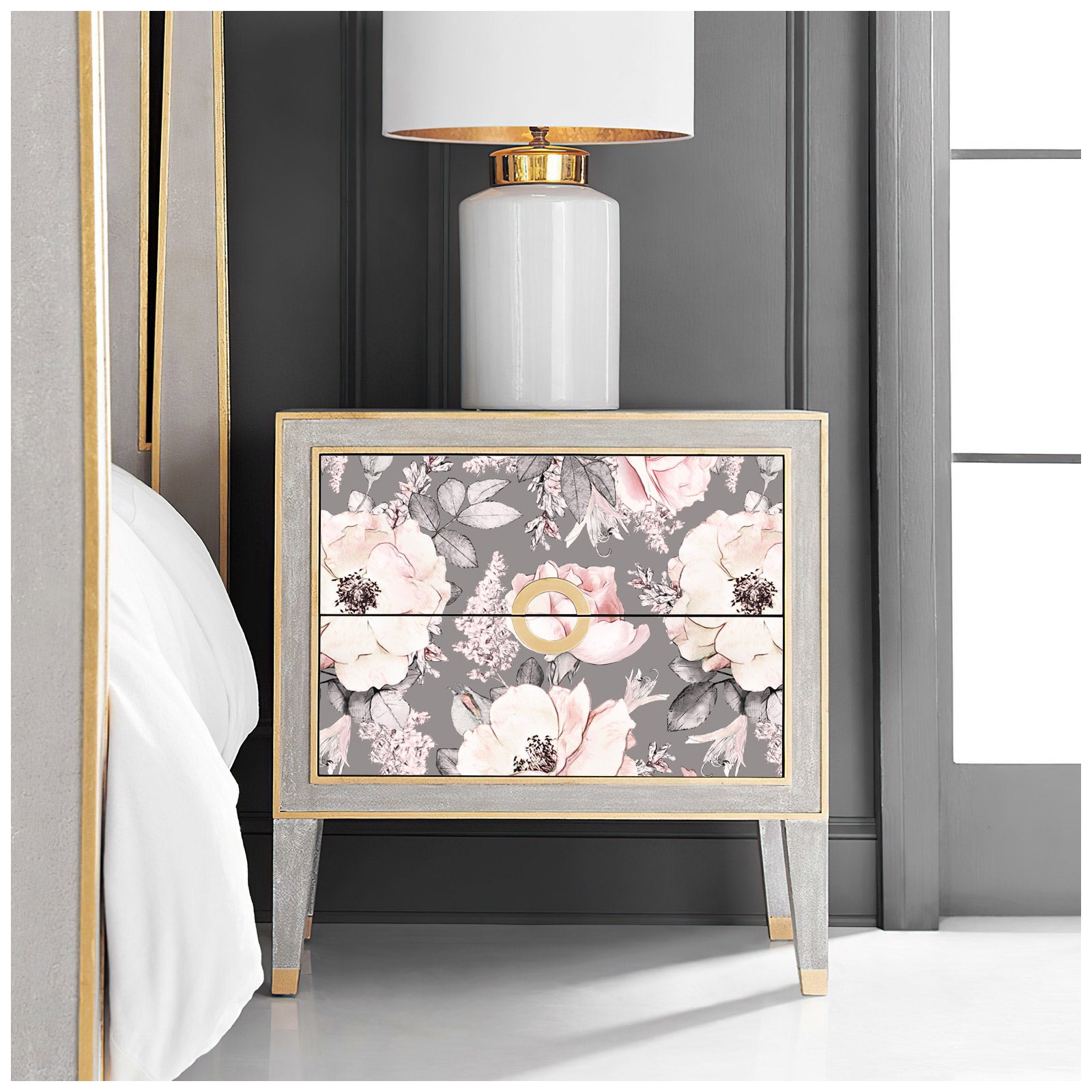 HaokHome 93012-2 Peony Floral Peel and Stick Wallpaper Removable Grey Pink Flowers Leaf Shelf Liner Contact Paper