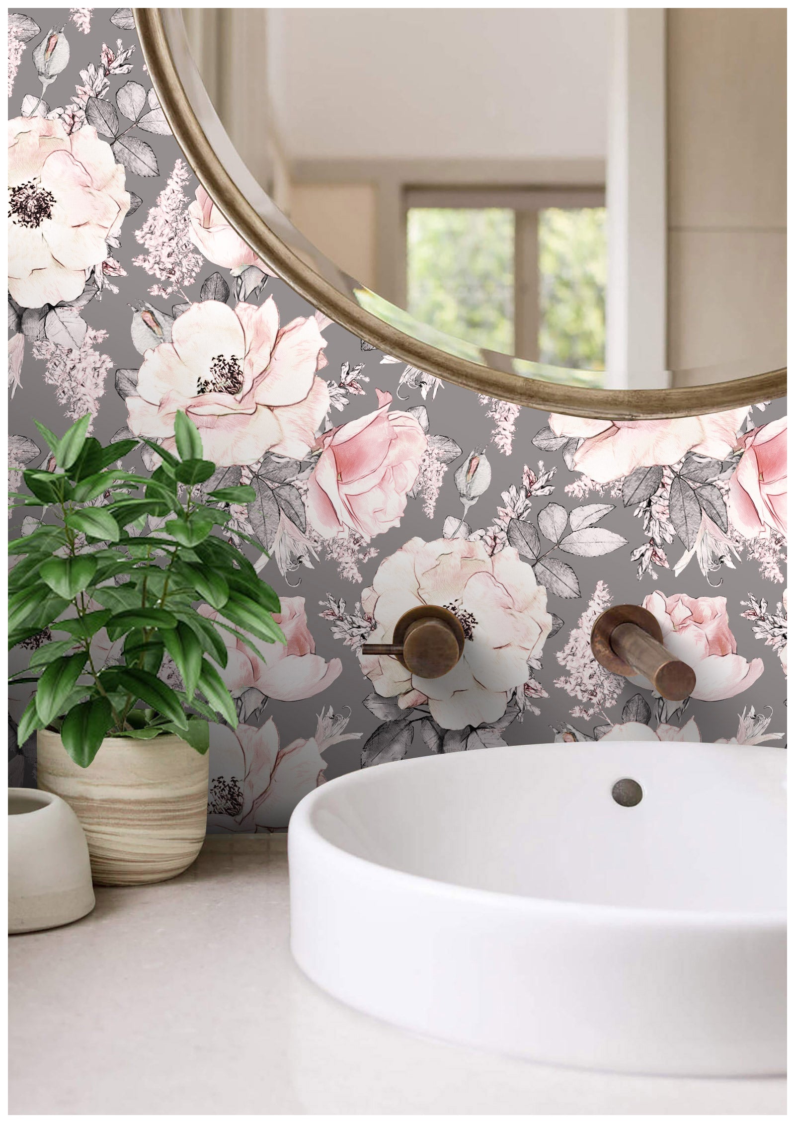 HaokHome 93012-2 Peony Floral Peel and Stick Wallpaper Removable Grey Pink Flowers Leaf Shelf Liner Contact Paper