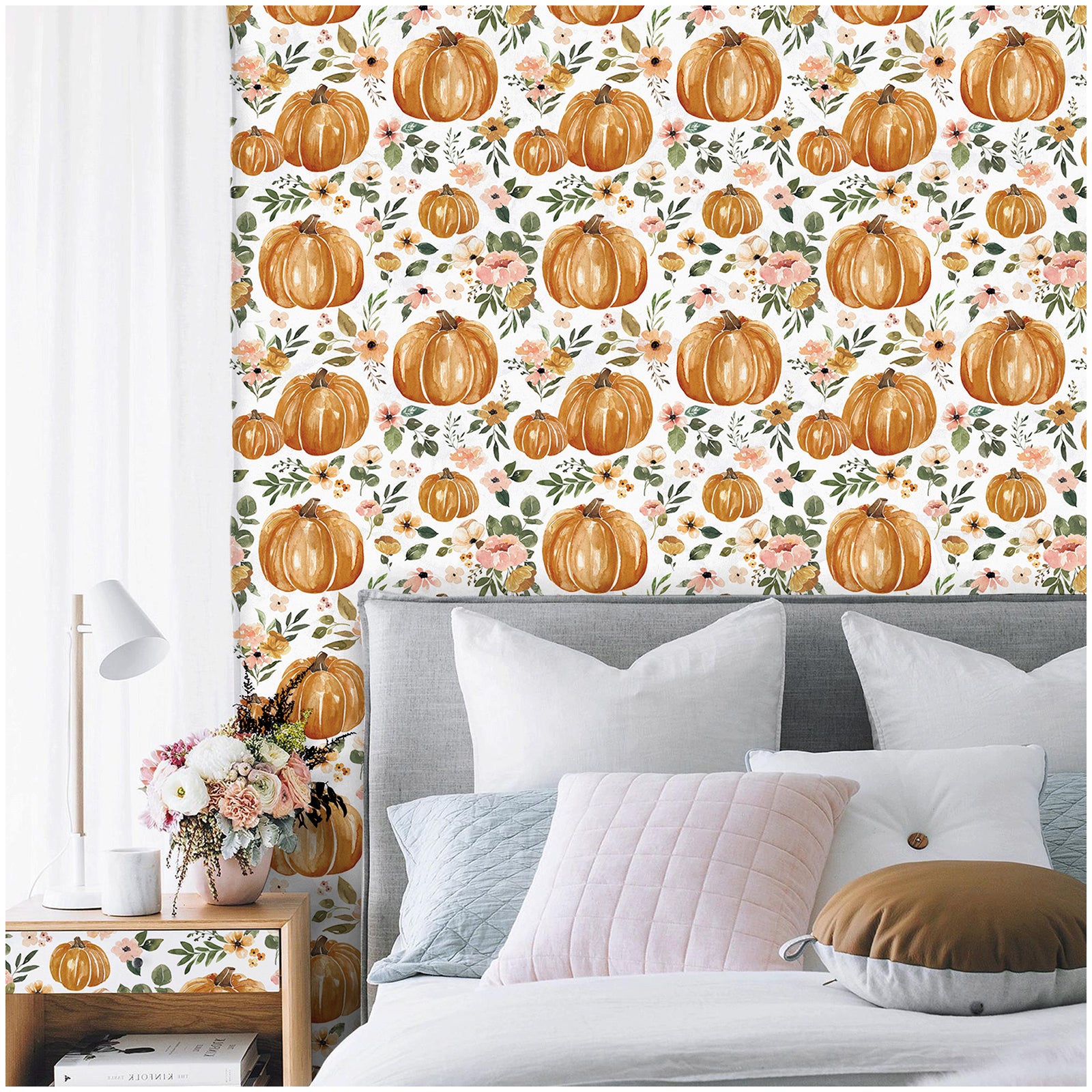 HaokHome 93244-2 Pumpkin Floral Peel and Stick Wallpaper Removable Vinyl Self Adhesive Home Decor