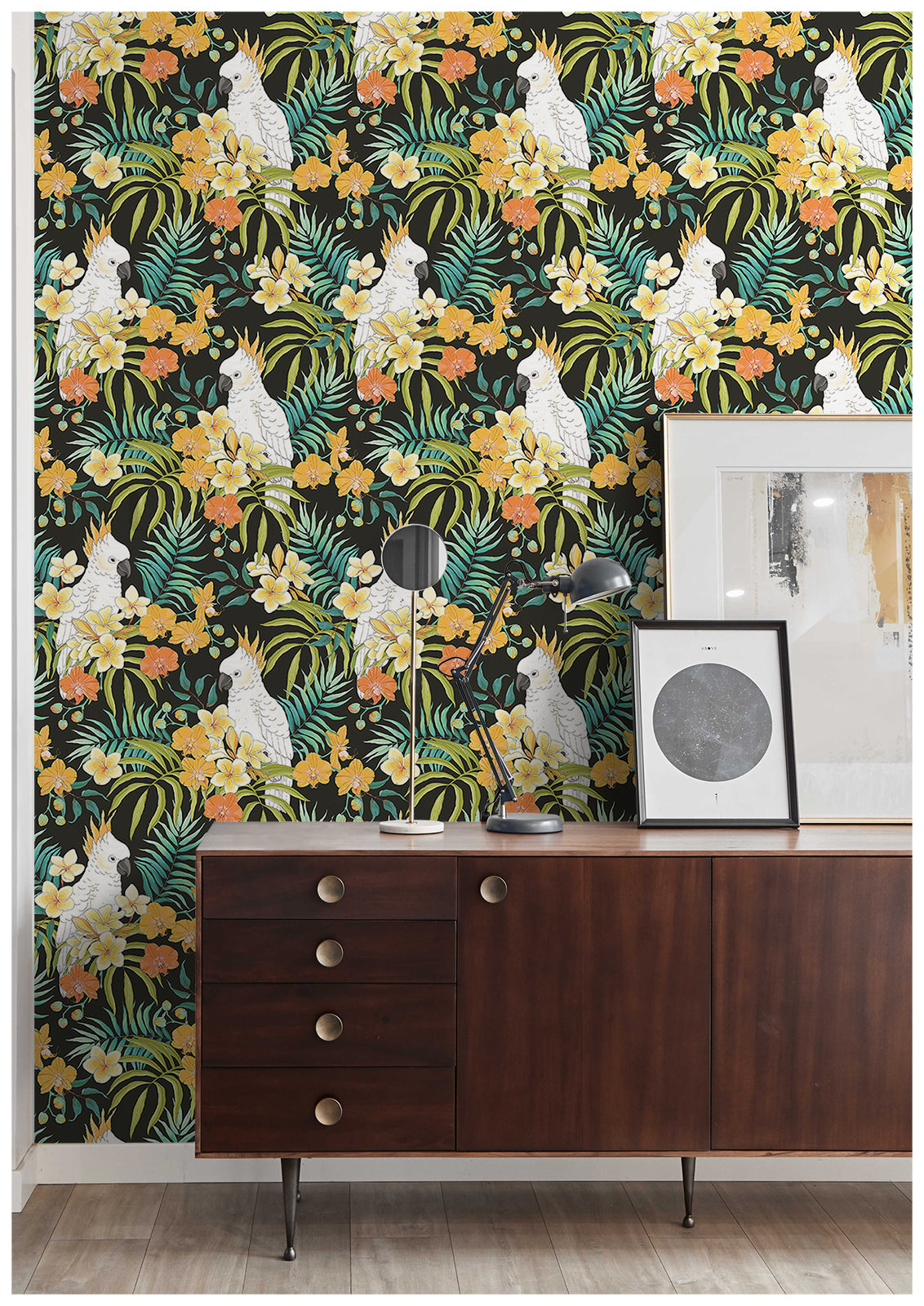 Rainforest Tropical Wallpaper Peel and Stick Palm Parro Flower Leaf Removable Black Contact Paper