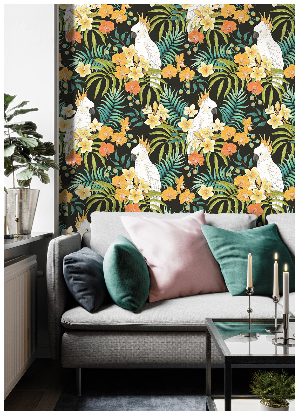 Rainforest Tropical Wallpaper Peel and Stick Palm Parro Flower Leaf Removable Black Contact Paper