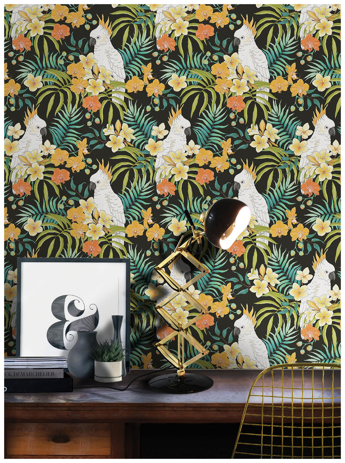 Rainforest Tropical Wallpaper Peel and Stick Palm Parro Flower Leaf Removable Black Contact Paper