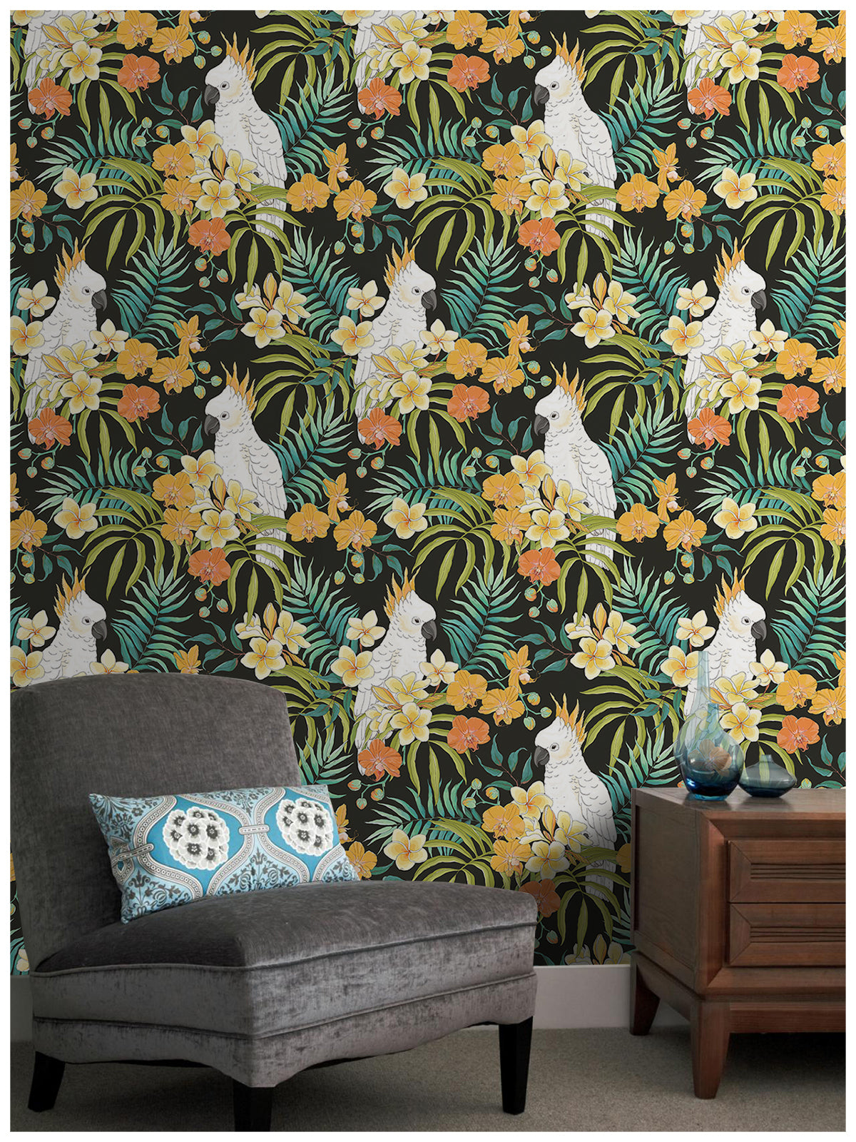 Rainforest Tropical Wallpaper Peel and Stick Palm Parro Flower Leaf Removable Black Contact Paper