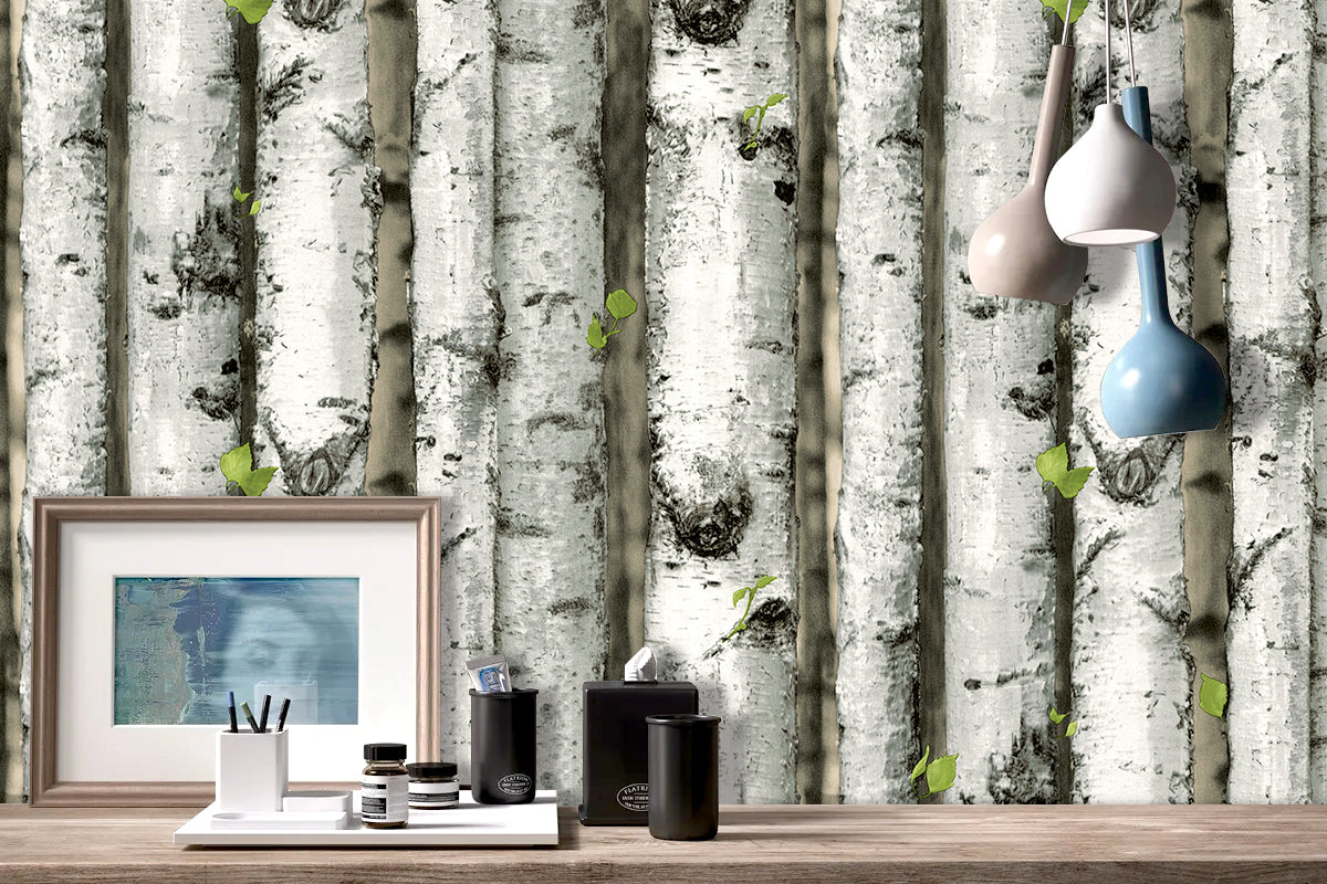 HaokHome 92073 Realistic Forest Birch Tree Wood Wallpaper Peel and Stick Shiplap Self Adhesive Removable Contact Wall Paper