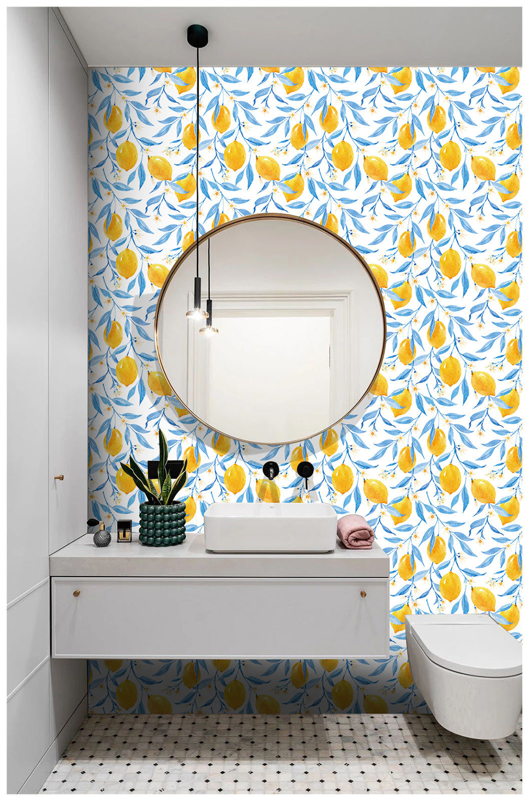 Removable Peel Stick Wallpaper Lemon Fruit Flower Yellow/Blue Stick On Contact Wall Paper for Home Decor