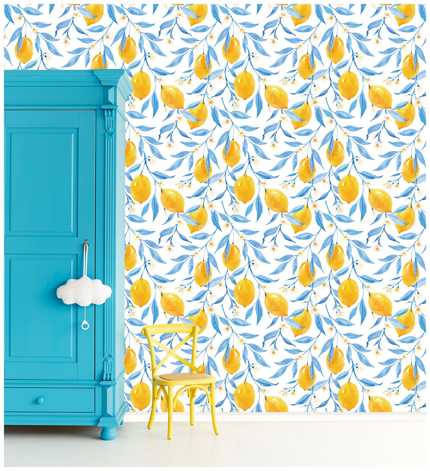 Removable Peel Stick Wallpaper Lemon Fruit Flower Yellow/Blue Stick On Contact Wall Paper for Home Decor