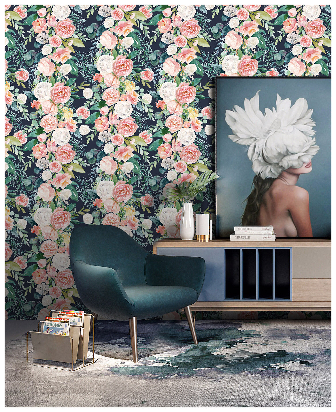 HaokHome 93118 Rose Wallpaper Floral Peel and Stick Wallpaper Pink Blooming Flowers Bouquet Boho Contact Paper