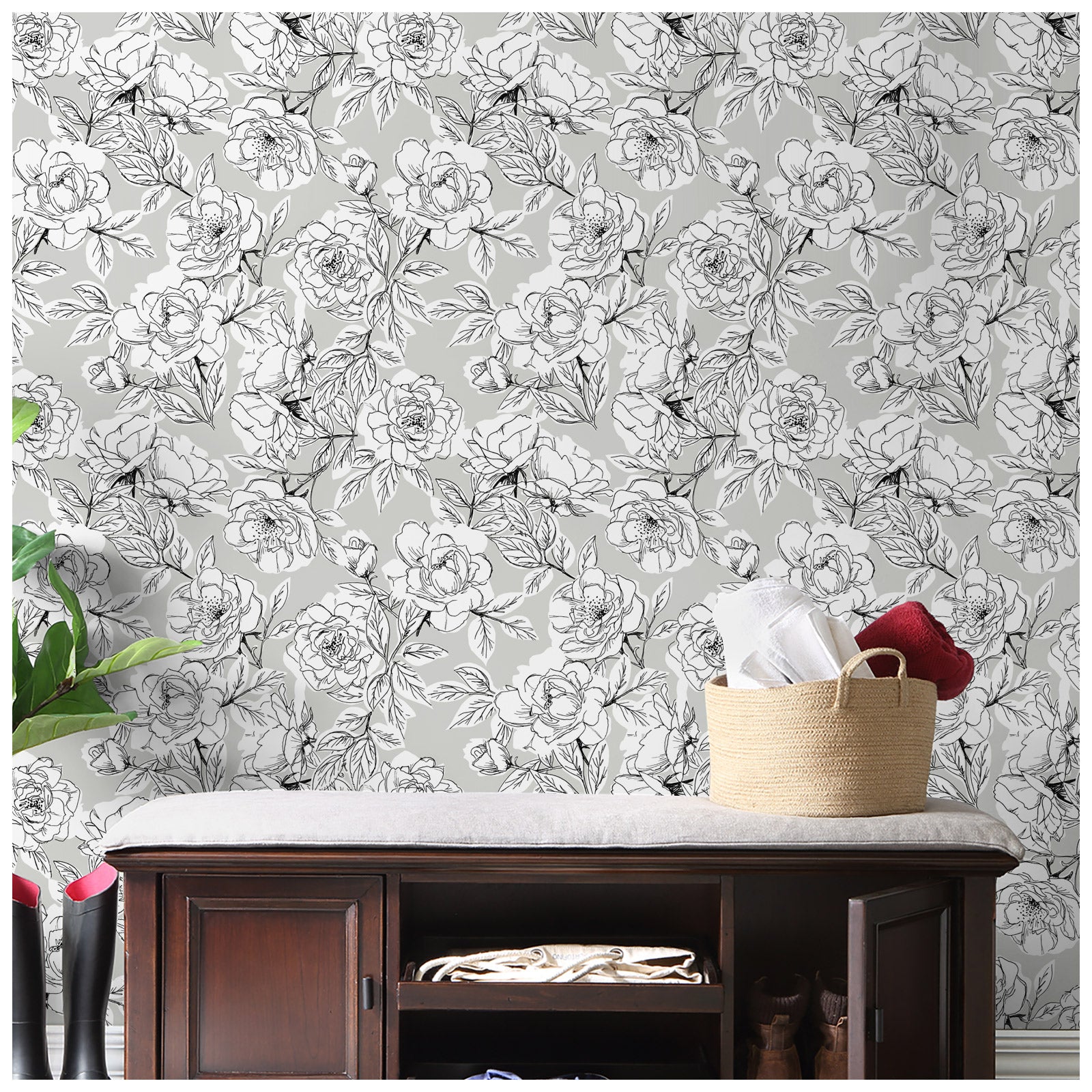 HaokHome 93171-1 Sketched Floral Peel and Stick Wallpaper Self Adhesive Mural Decorations