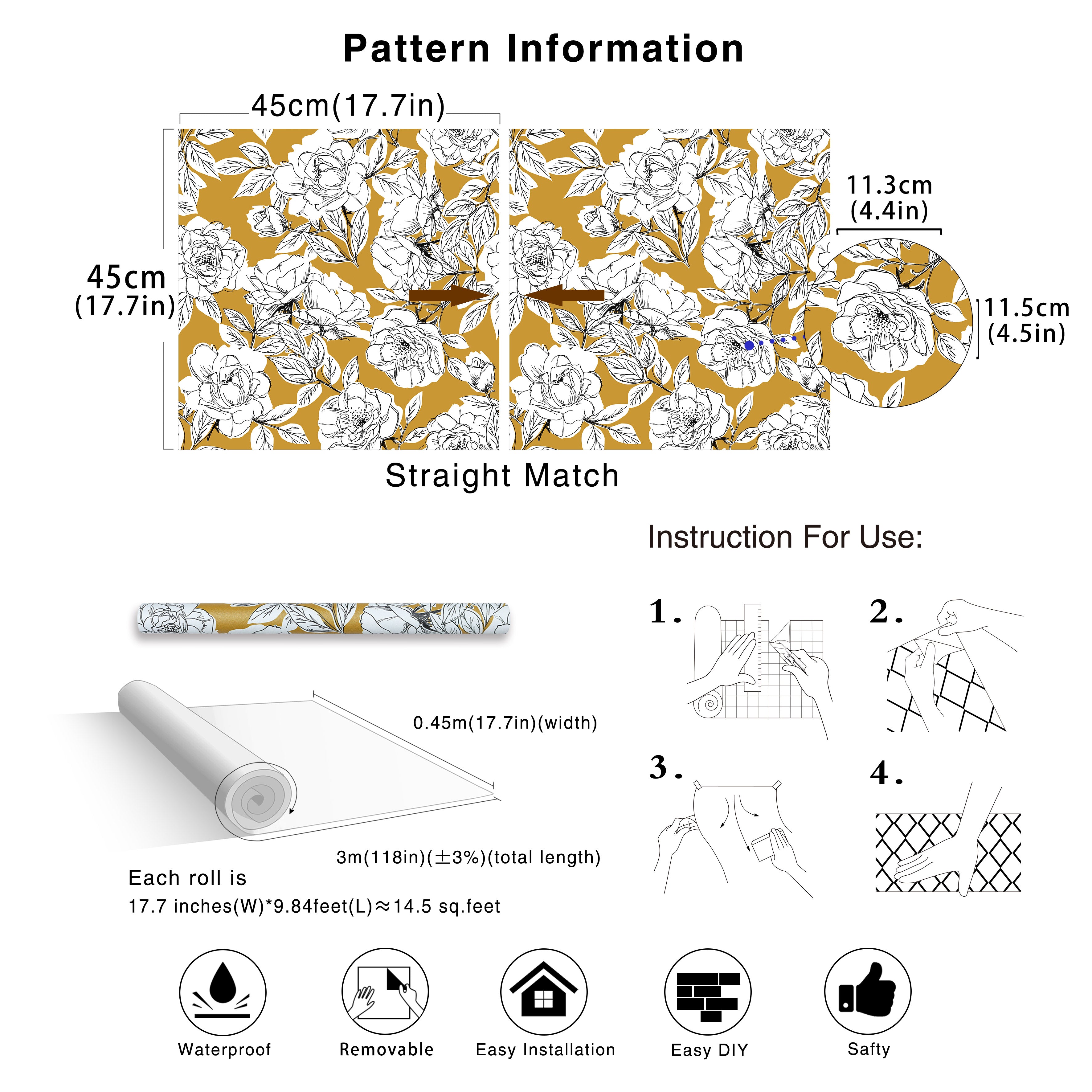 HaokHome 93171-2 Sketched Floral Wallpaper Peel and Stick Removable Goldenrod Vinyl Self Adhesive Stick on Wall Paper