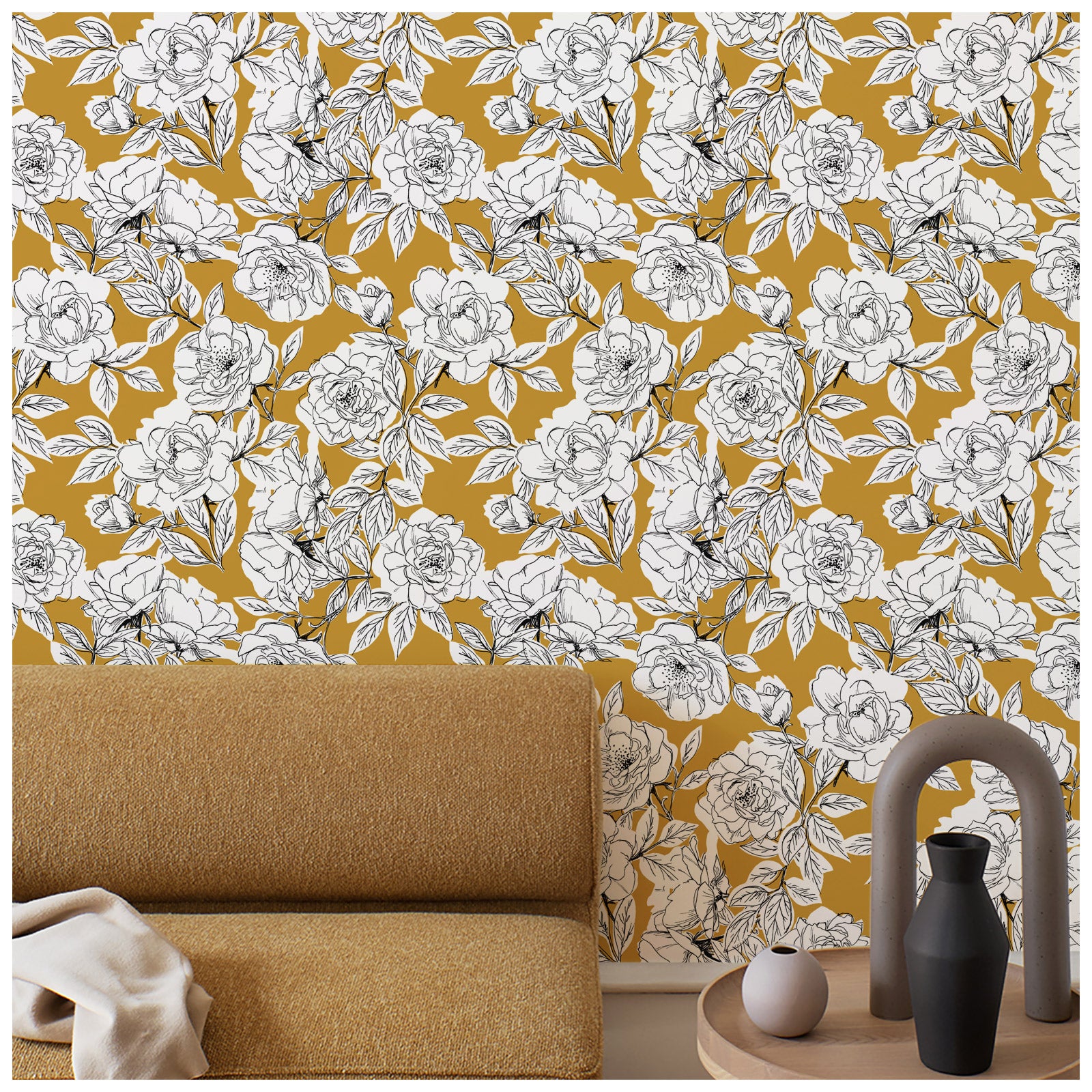 HaokHome 93171-2 Sketched Floral Wallpaper Peel and Stick Removable Goldenrod Vinyl Self Adhesive Stick on Wall Paper