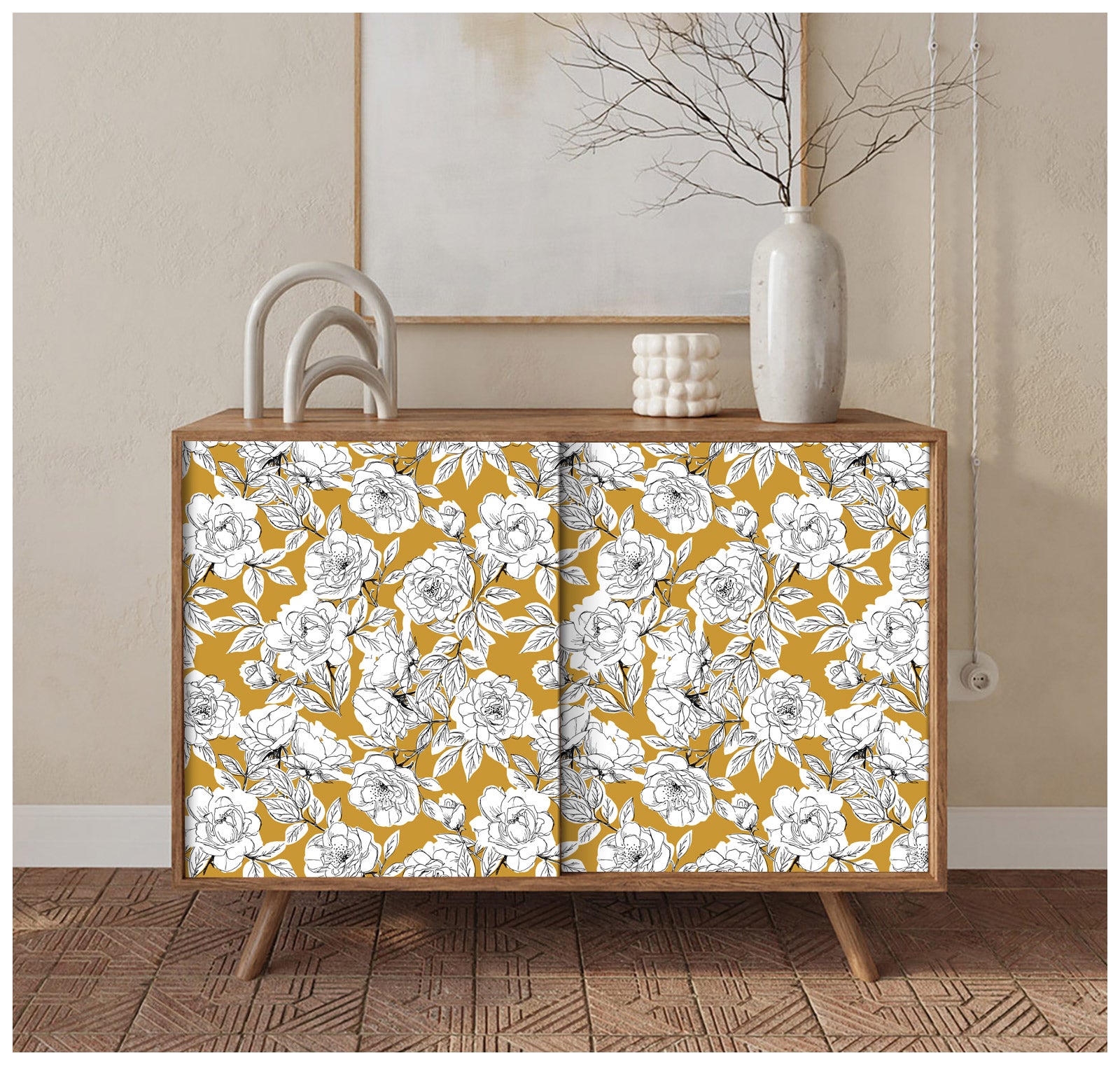 HaokHome 93171-2 Sketched Floral Wallpaper Peel and Stick Removable Goldenrod Vinyl Self Adhesive Stick on Wall Paper