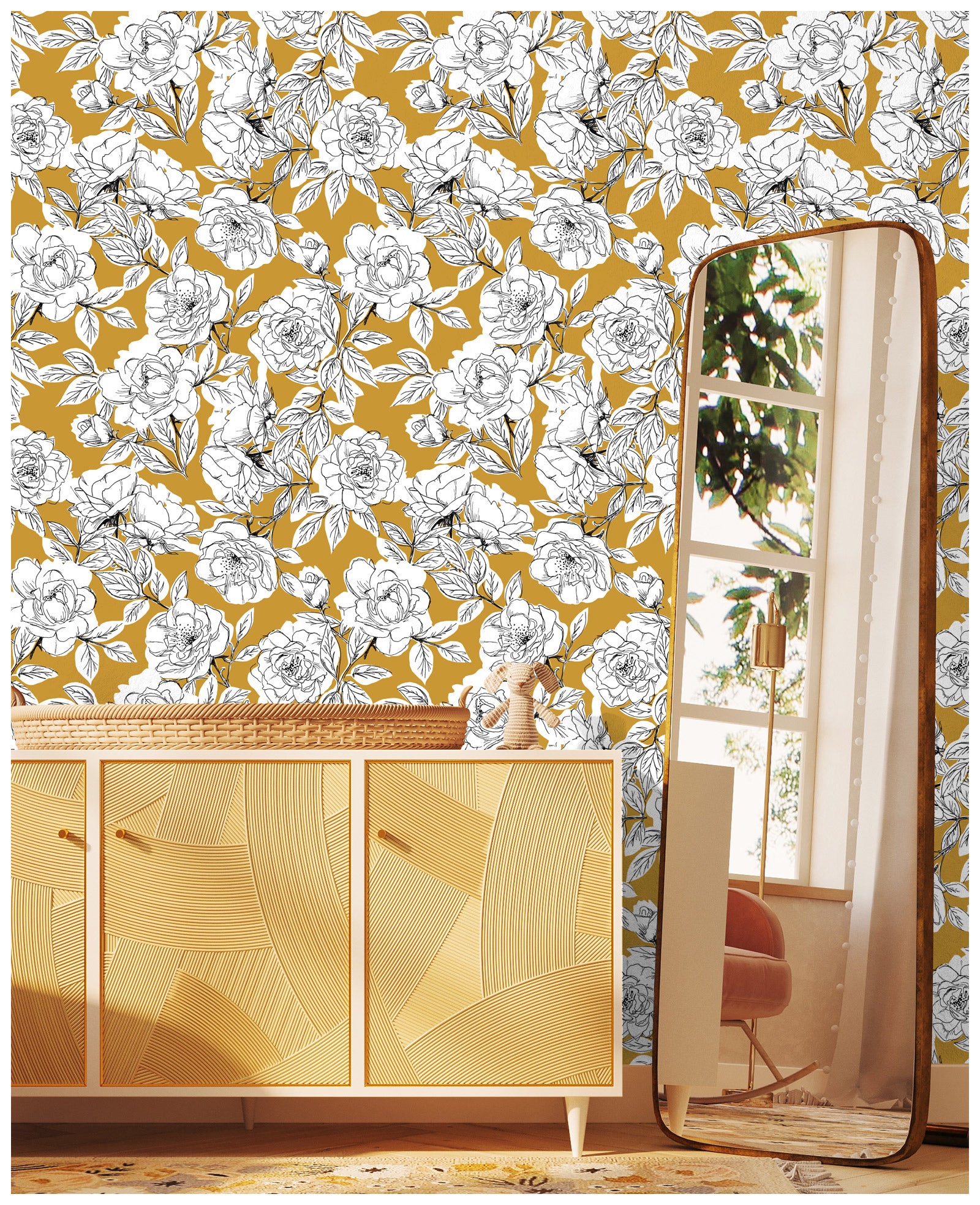 HaokHome 93171-2 Sketched Floral Wallpaper Peel and Stick Removable Goldenrod Vinyl Self Adhesive Stick on Wall Paper