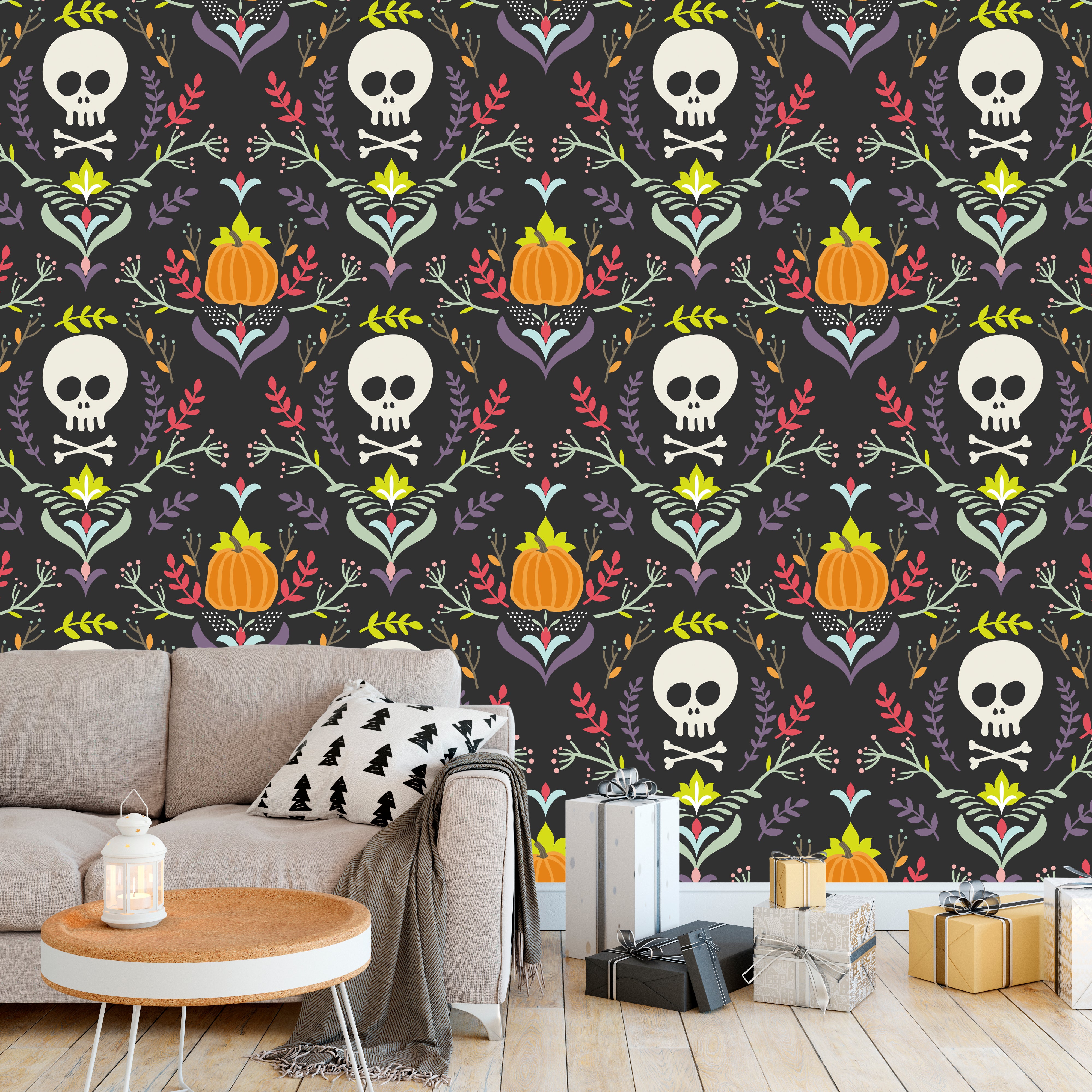 HaokHome 94013-1 Sugar Skull Damask Wallpaper Peel and Stick Colorful Removable Wallpaper for Wall DIY Decorations