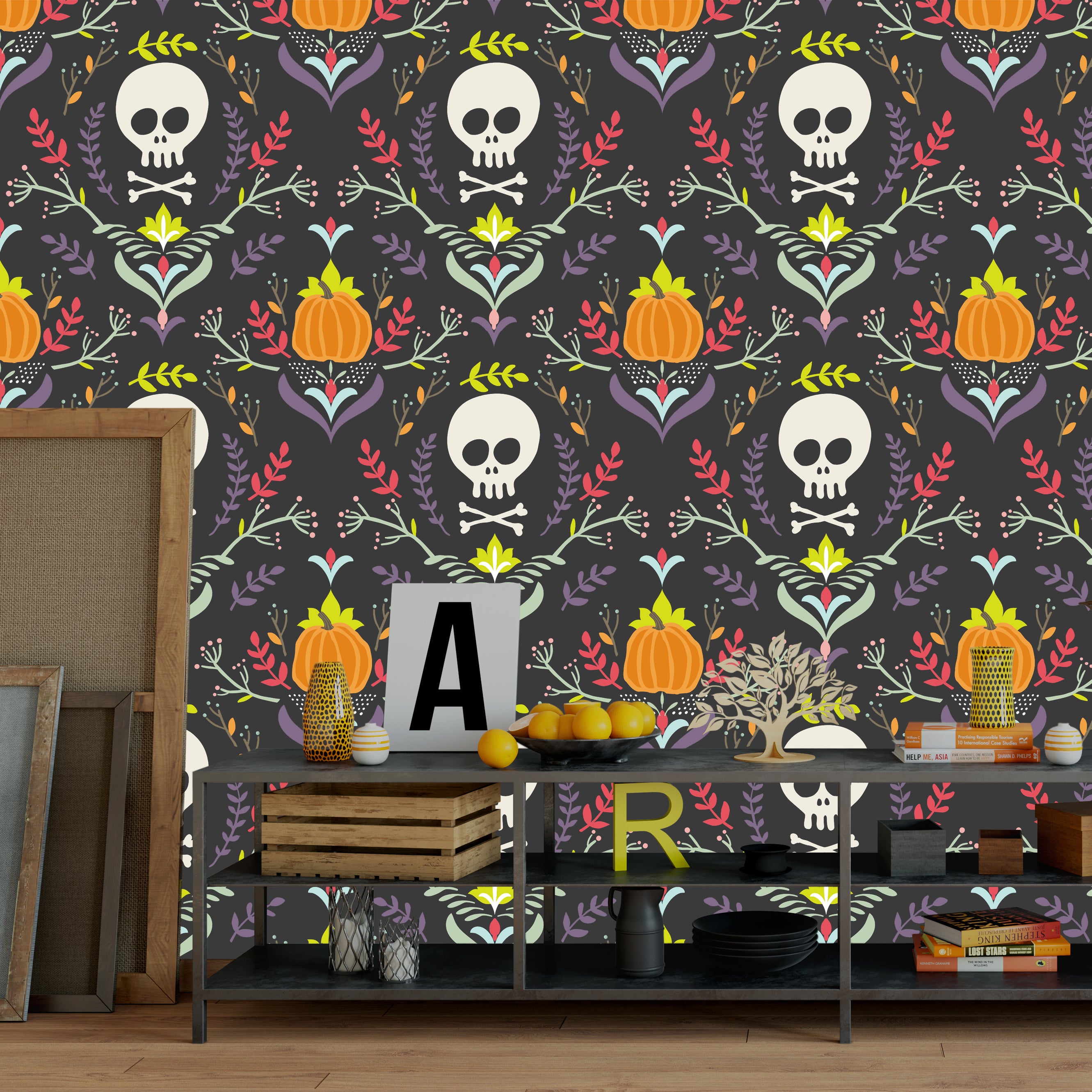 HaokHome 94013-1 Sugar Skull Damask Wallpaper Peel and Stick Colorful Removable Wallpaper for Wall DIY Decorations