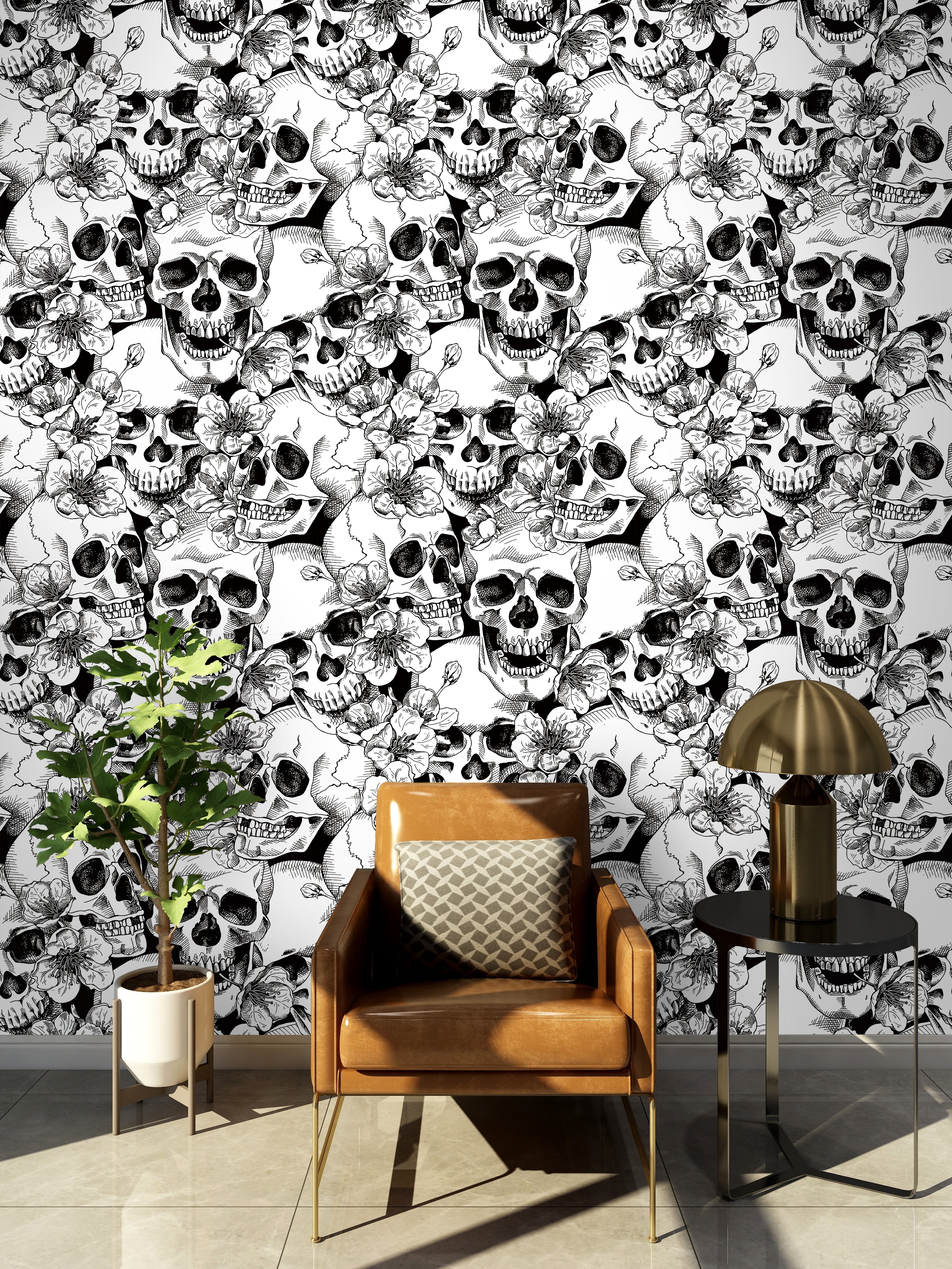 HaokHome 93102 Sugar Skull Floral Peel and Stick Wallpaper