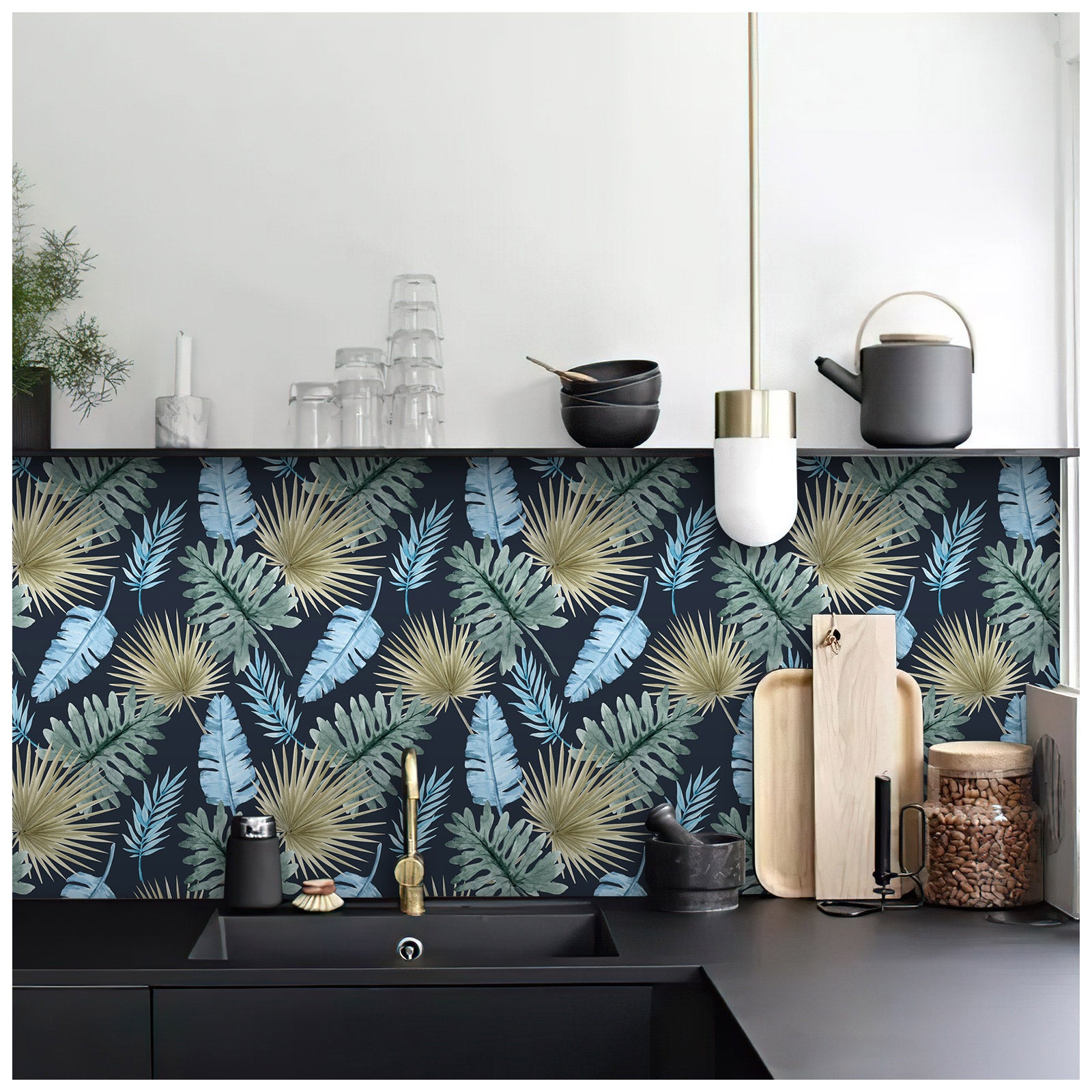 HaokHome 93158 Tropical Palm Branch Peel and Stick Wallpaper Navy Leaves Removable Wallpaper