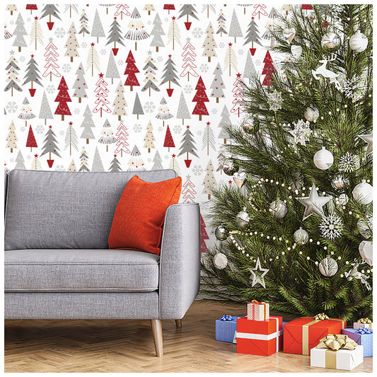 Christmas Tree Contact Wall Paper Peel and Stick Wallpaper Red / White