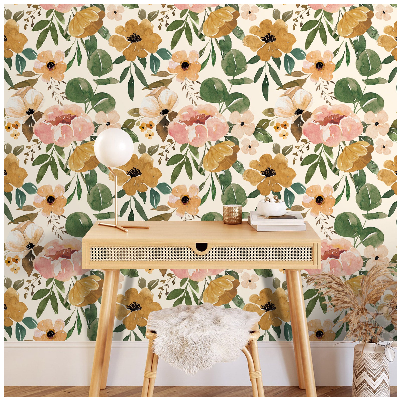 HAOKHOME 93215-2 Vintage Boho Floral Peel and Stick Wallpaper Peonies Removable Rose Beige/Pink/Oliva Vinyl Self Adhesive Contact Paper