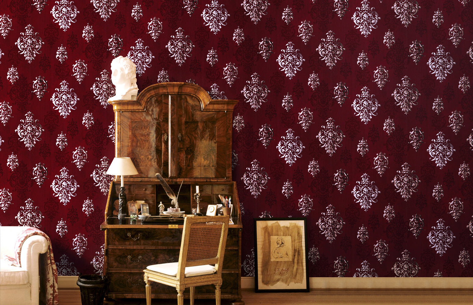 HaokHome 94006-1 Vintage Damask Wallpaper Peel and Stick Red Vinyl Wallpaper