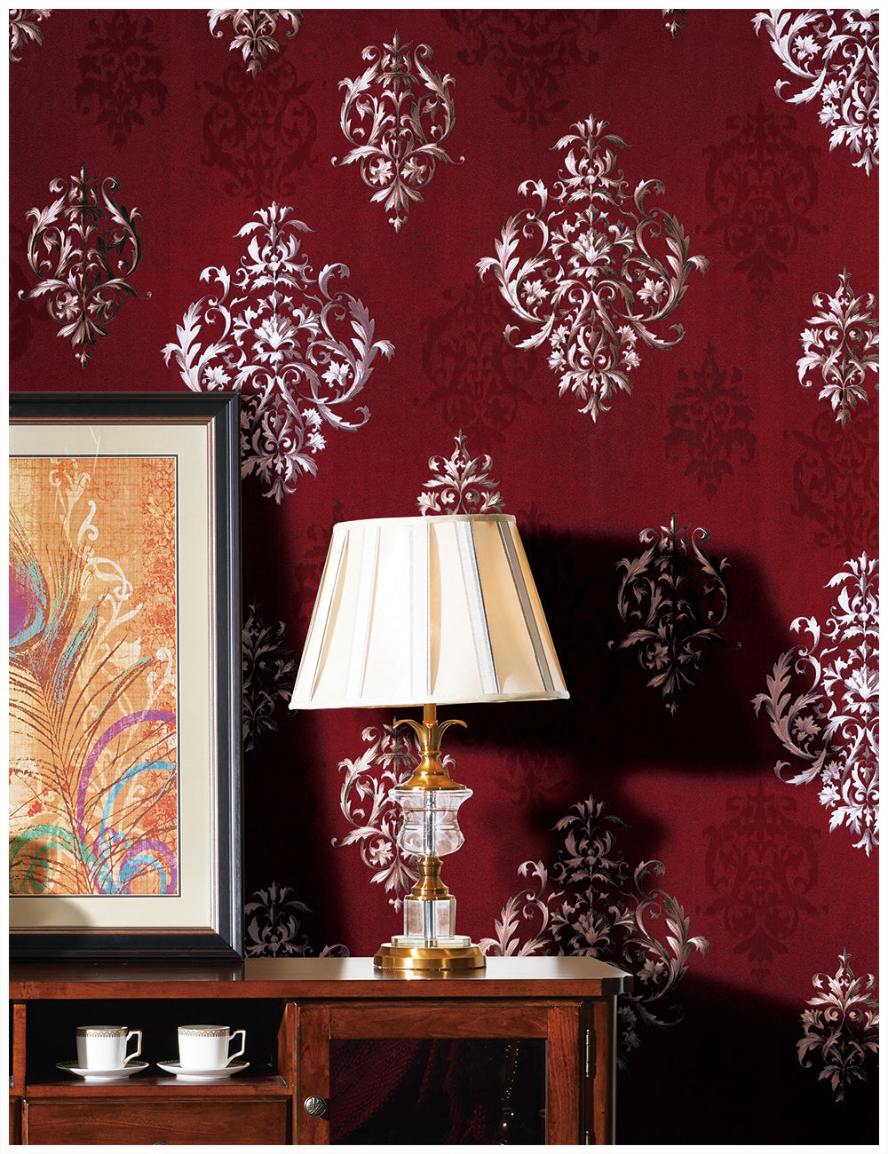 HaokHome 94006-1 Vintage Damask Wallpaper Peel and Stick Red Vinyl Wallpaper