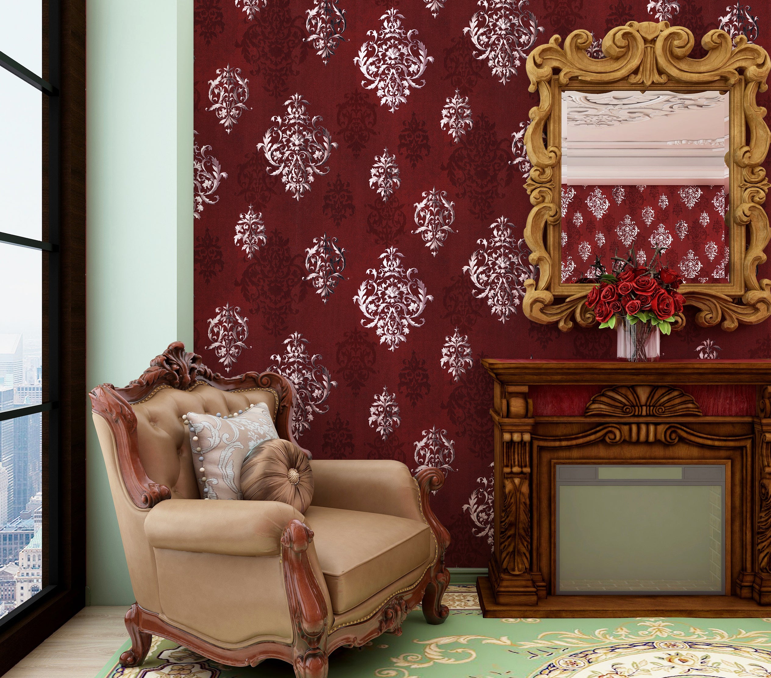 HaokHome 94006-1 Vintage Damask Wallpaper Peel and Stick Red Vinyl Wallpaper