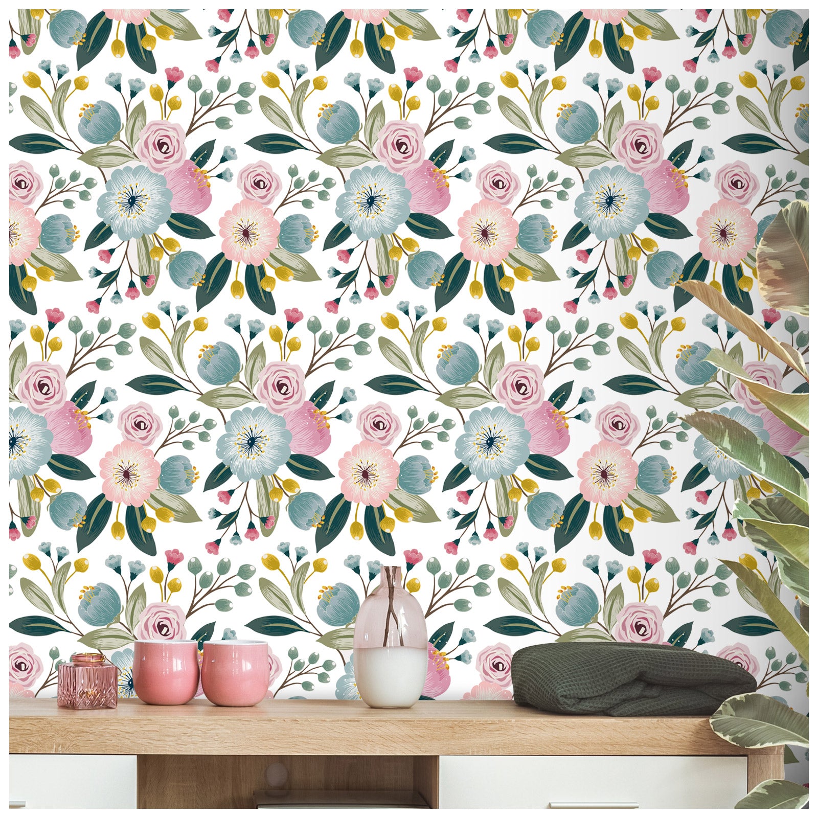 HaokHome 93107 Vintage Floral Peel and Stick Wallpaper Pink and Blue Flowers Contact Wall Paper Boho Wallpaper