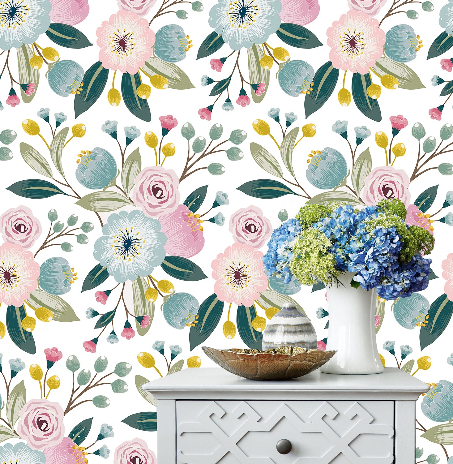 HaokHome 93107 Vintage Floral Peel and Stick Wallpaper Pink and Blue Flowers Contact Wall Paper Boho Wallpaper