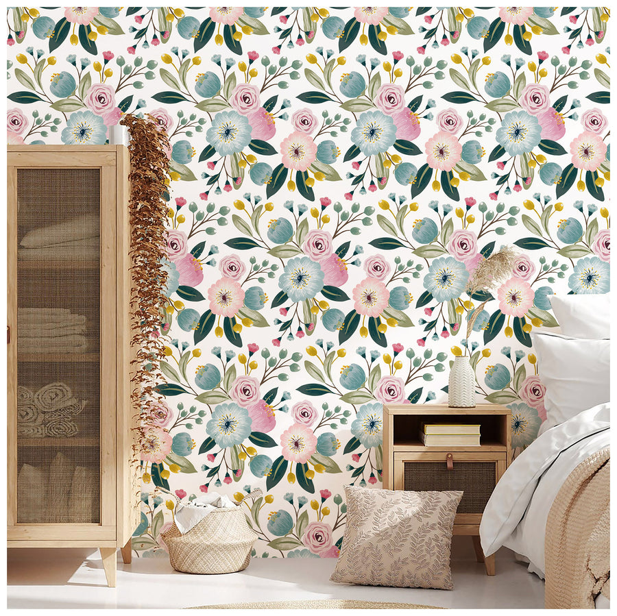 HaokHome 93107 Vintage Floral Peel and Stick Wallpaper Pink and Blue Flowers Contact Wall Paper Boho Wallpaper