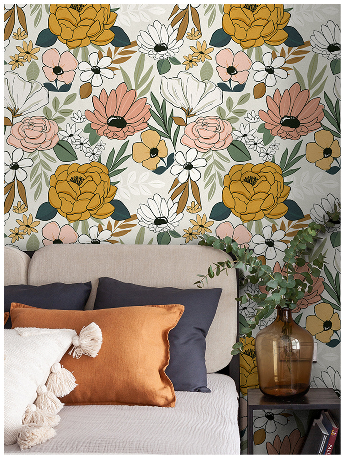 HaokHome 93217-2 Vintage Floral Peel and Stick Wallpaper Removable Daisy Leaf Contact Wallpaper