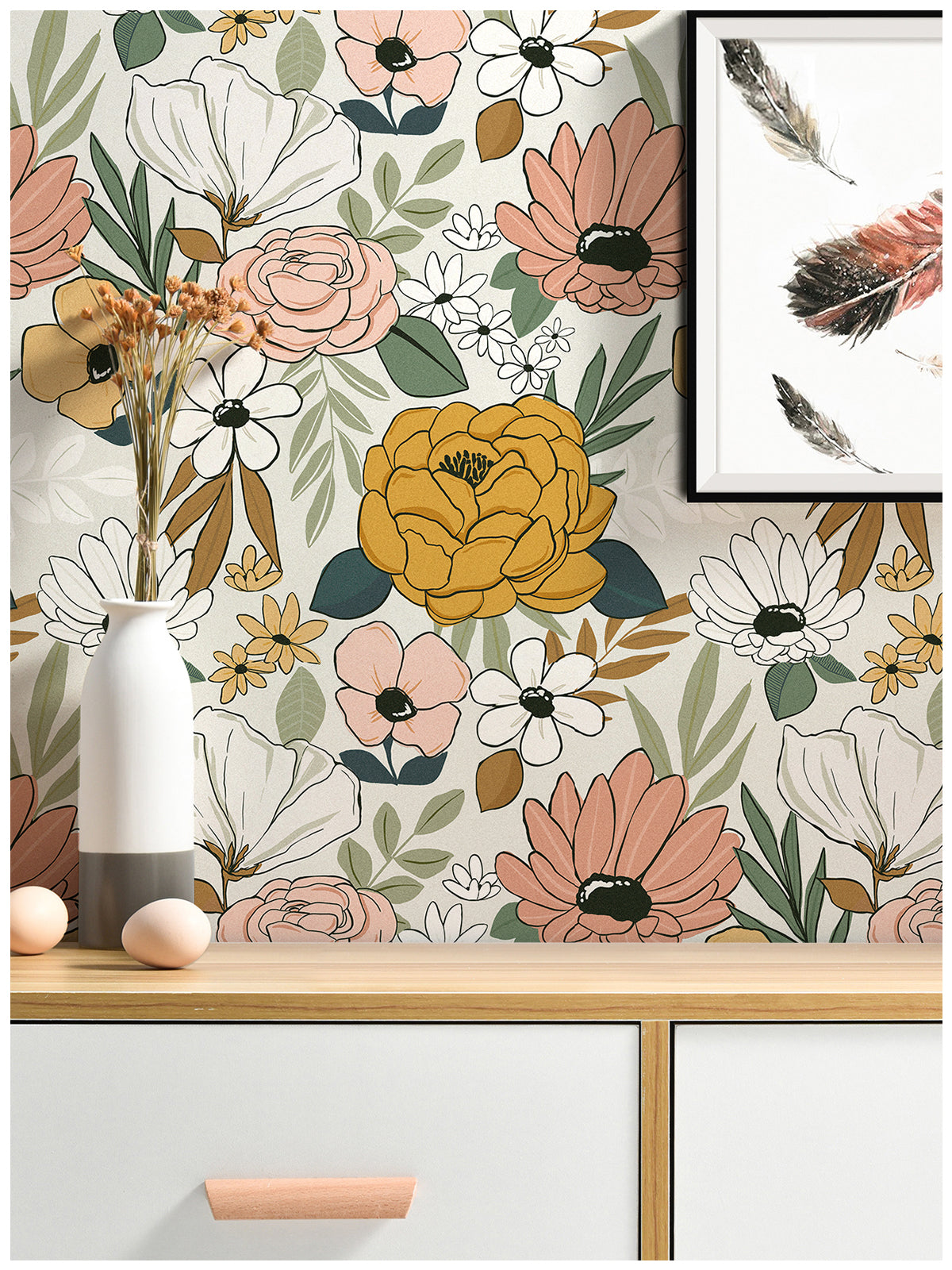 HaokHome 93217-2 Vintage Floral Peel and Stick Wallpaper Removable Daisy Leaf Contact Wallpaper