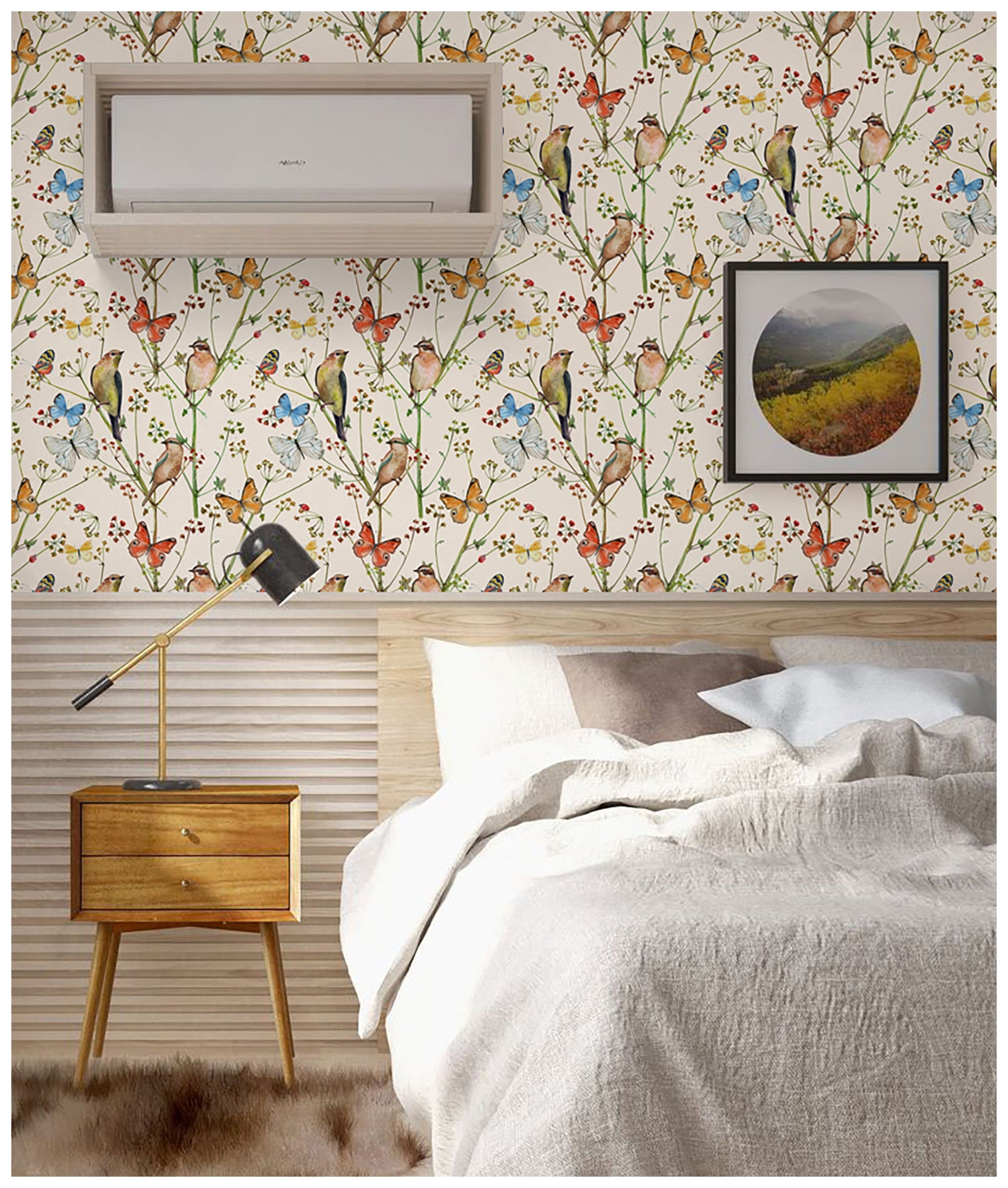 HaokHome 93155 Vintage Peel and Stick Wallpaper Birds Butterfies Floral Beige Stick on Home Decor